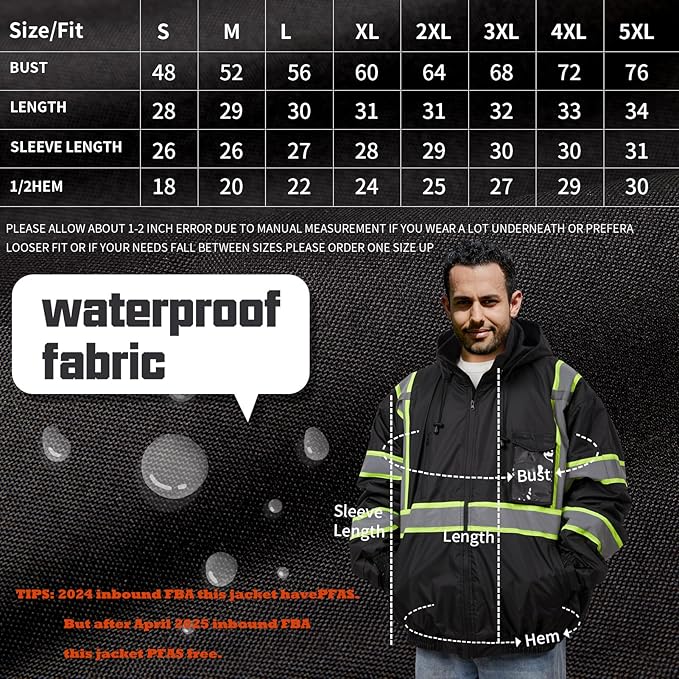 HivisPro J2103 high visibility safety jacket size chart with waterproof fabric detail.