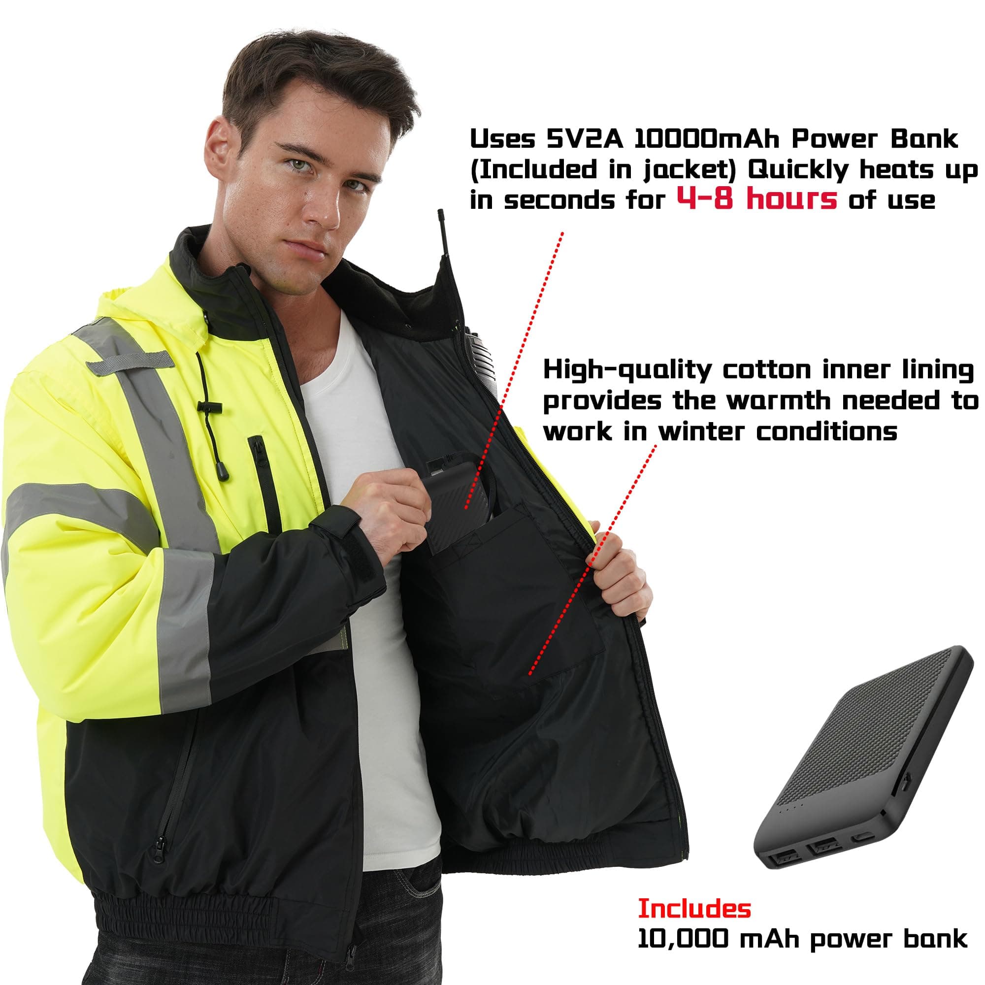 Detailed view of the HivisPro J42061 lime heated safety jacket showing power bank pocket and high-quality material.