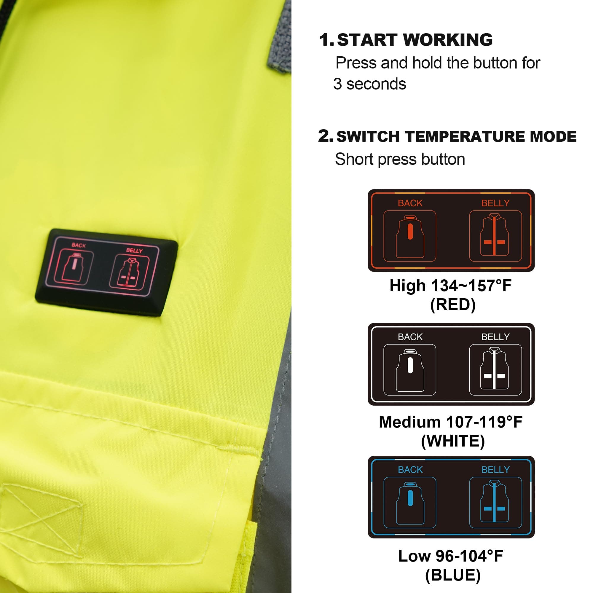HivisPro J42061 lime heated safety jacket with detailed view of the temperature control button and heat settings.