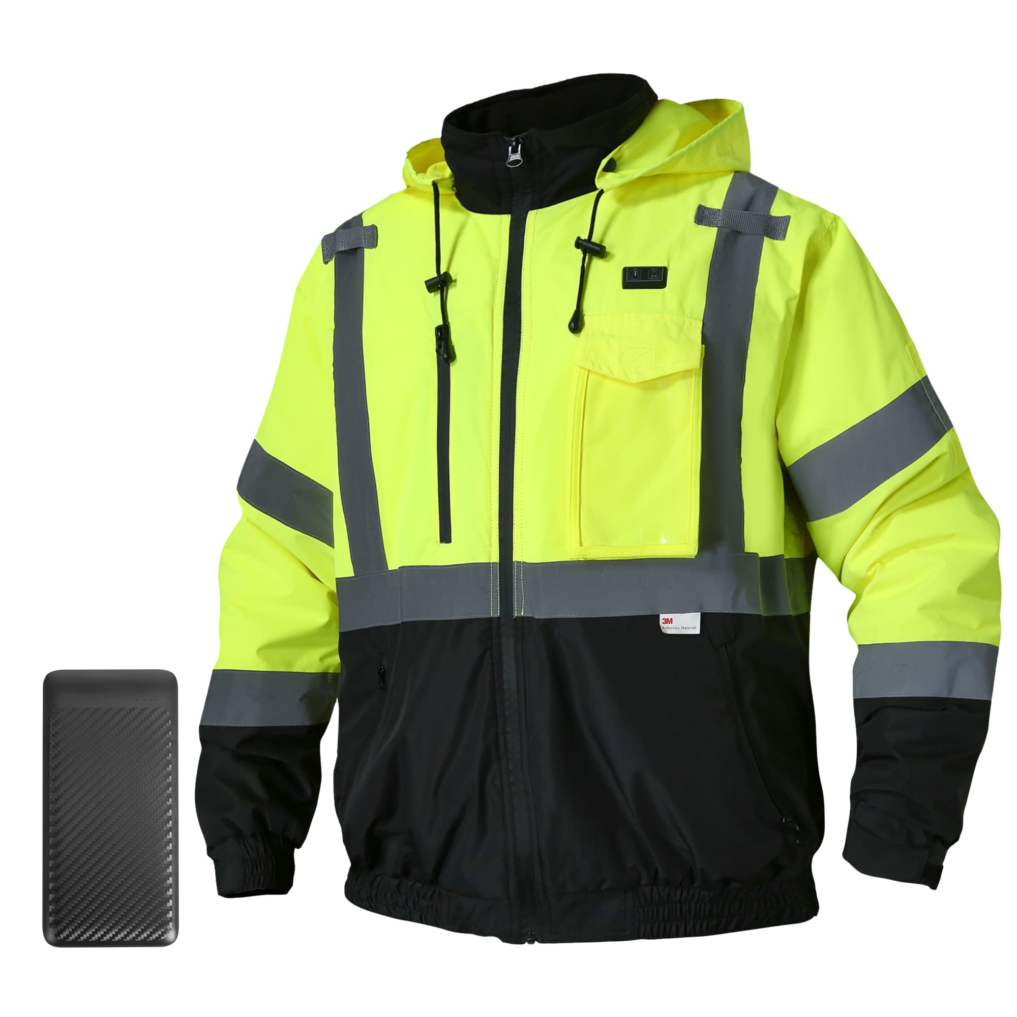 Front view of the HivisPro J42061 lime heated safety jacket with reflective stripes.