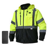 Front view of the HivisPro J42061 lime heated safety jacket with reflective stripes.