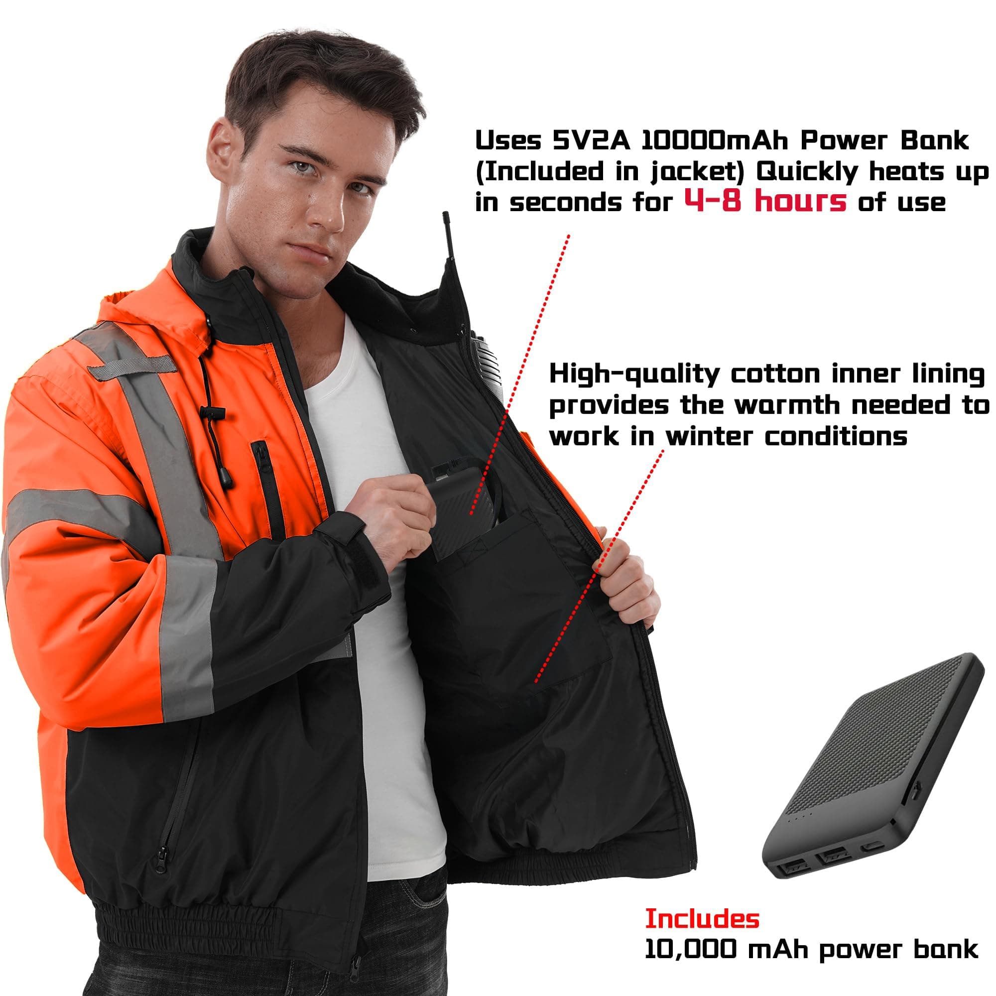 Detailed view of the HivisPro J42062 orange heated safety jacket showing power bank pocket and high-quality material.