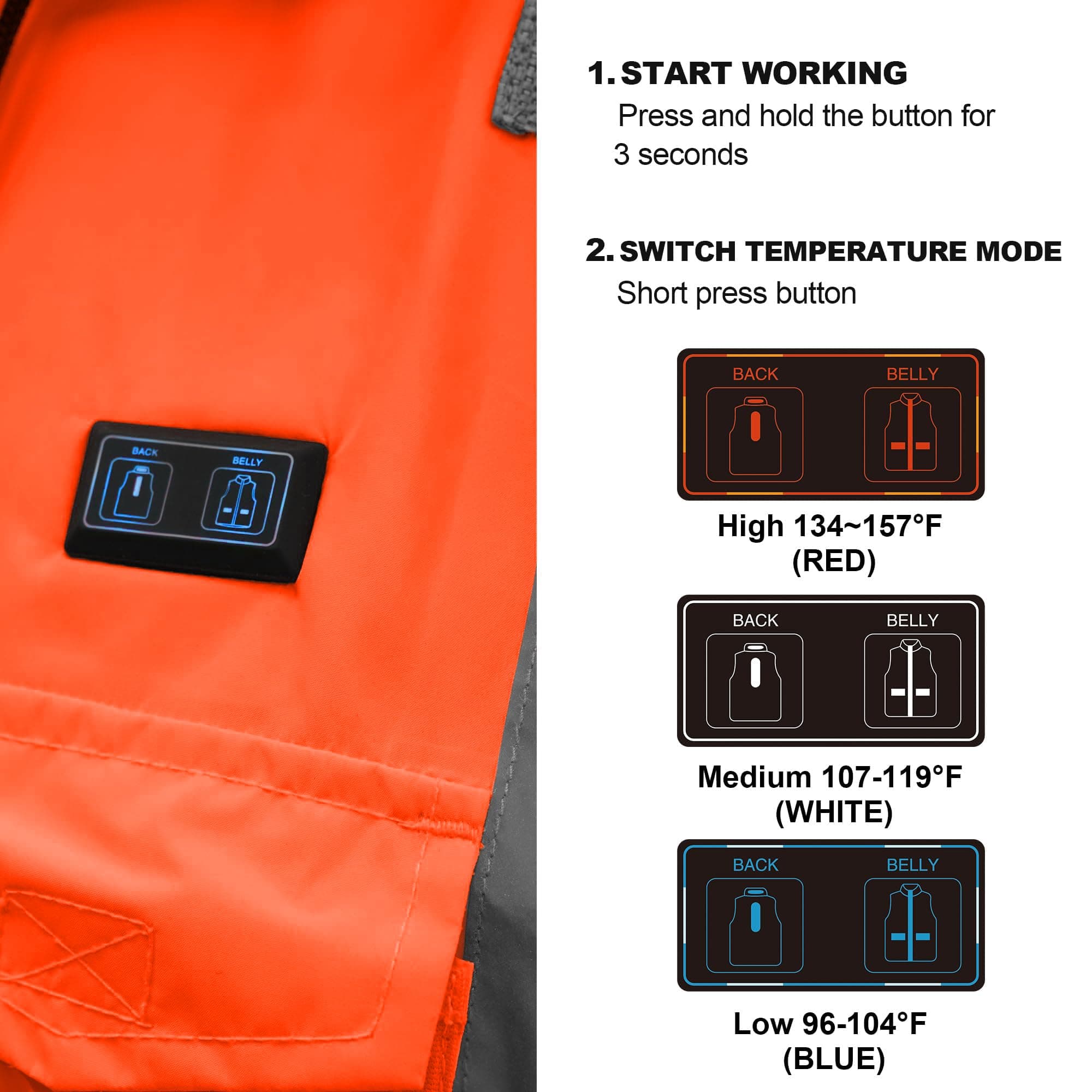 HivisPro J42062 orange heated safety jacket with detailed view of the temperature control button and heat settings.