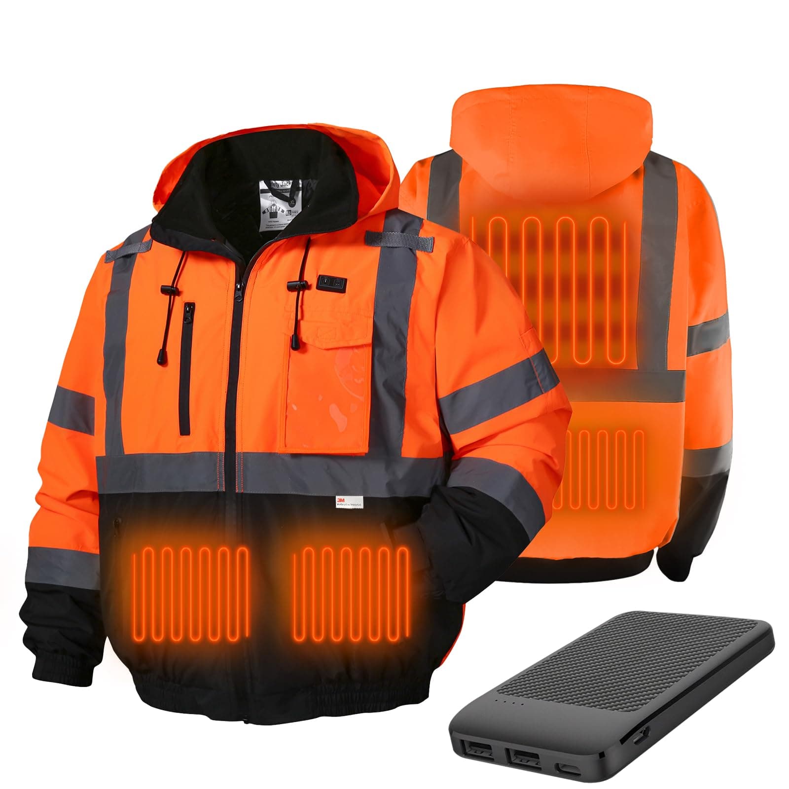 HivisPro J42062 orange heated safety jacket showing heating elements and battery.