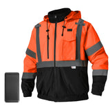 Front view of the HivisPro J42062 orange heated safety jacket with reflective stripes.