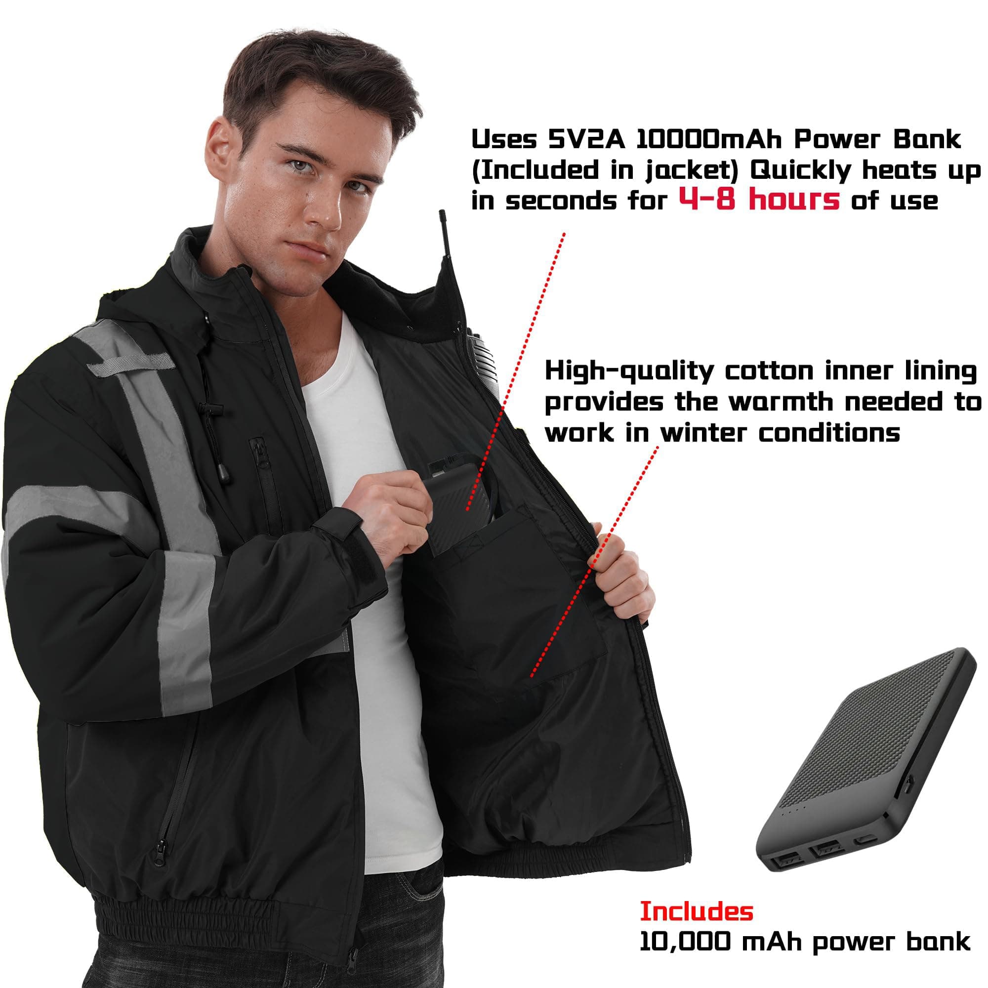 Detailed view of the HivisPro J42063 black heated safety jacket showing power bank pocket and high-quality material.