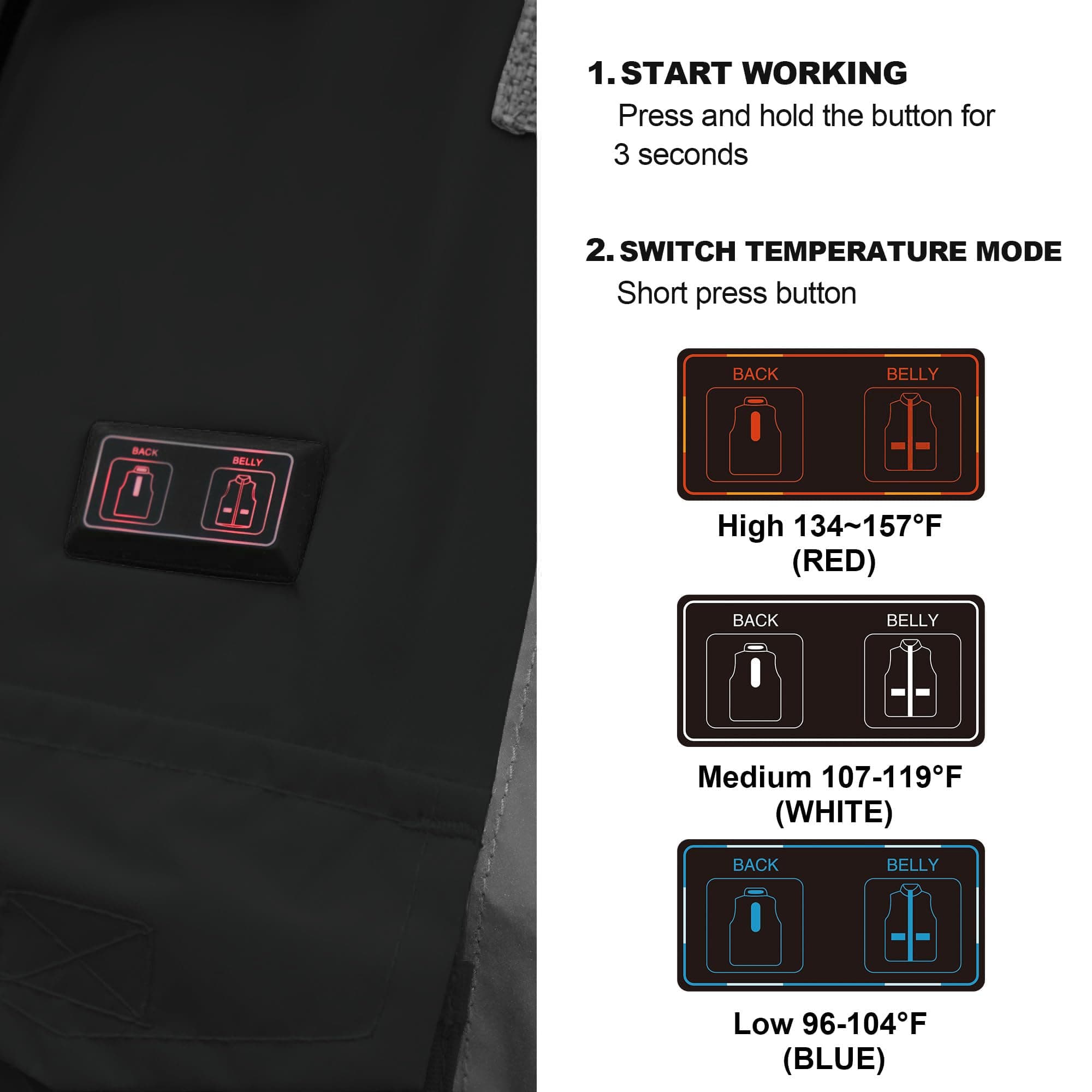 HivisPro J42063 black heated safety jacket with detailed view of the temperature control button and heat settings.