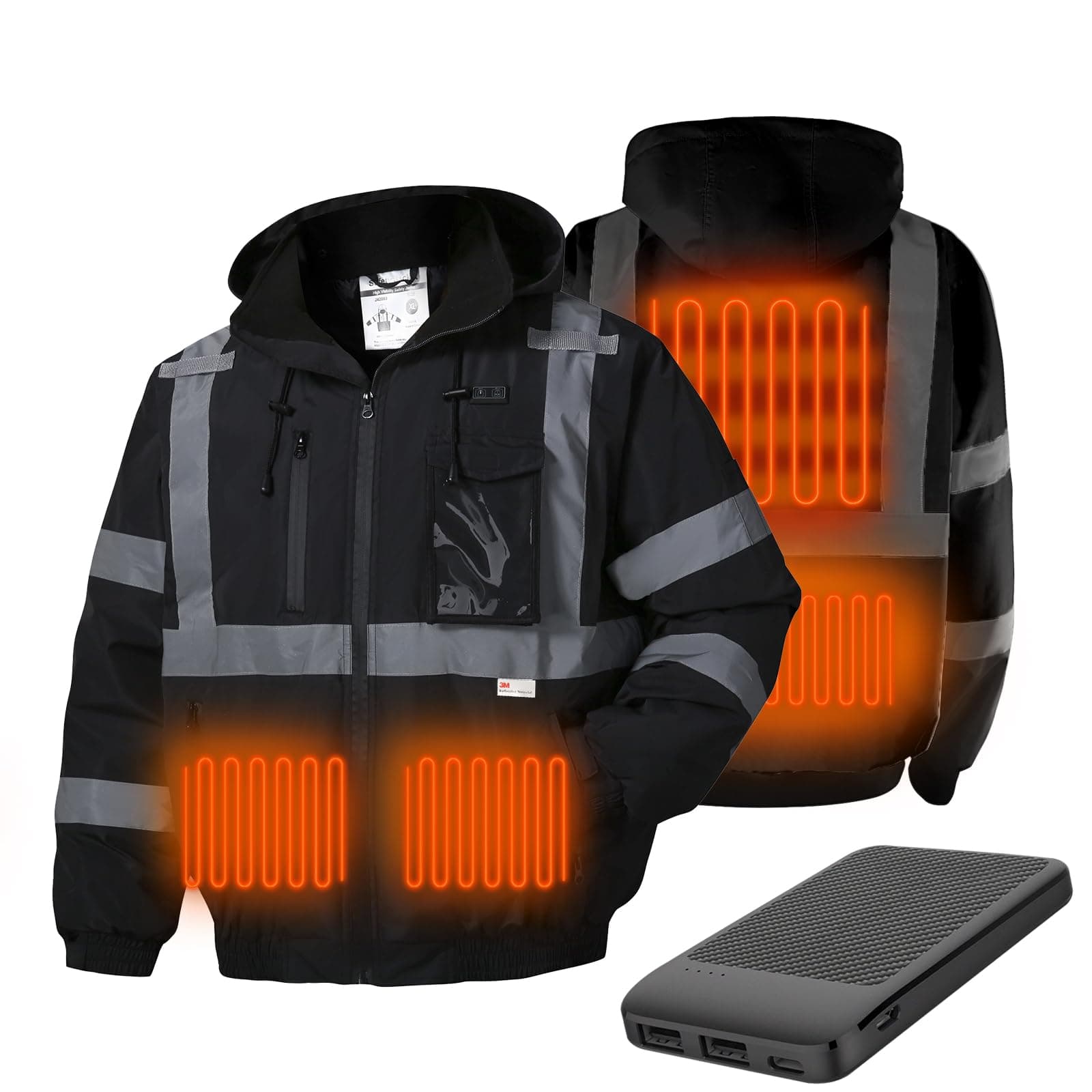 HivisPro J42063 black heated safety jacket showing heating elements and battery.