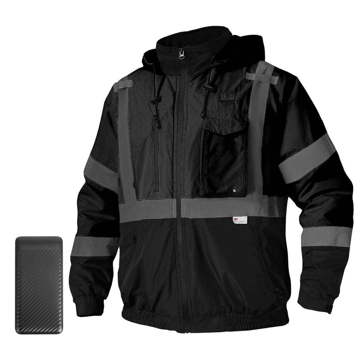 Front view of the HivisPro J42063 black heated safety jacket with reflective stripes.
