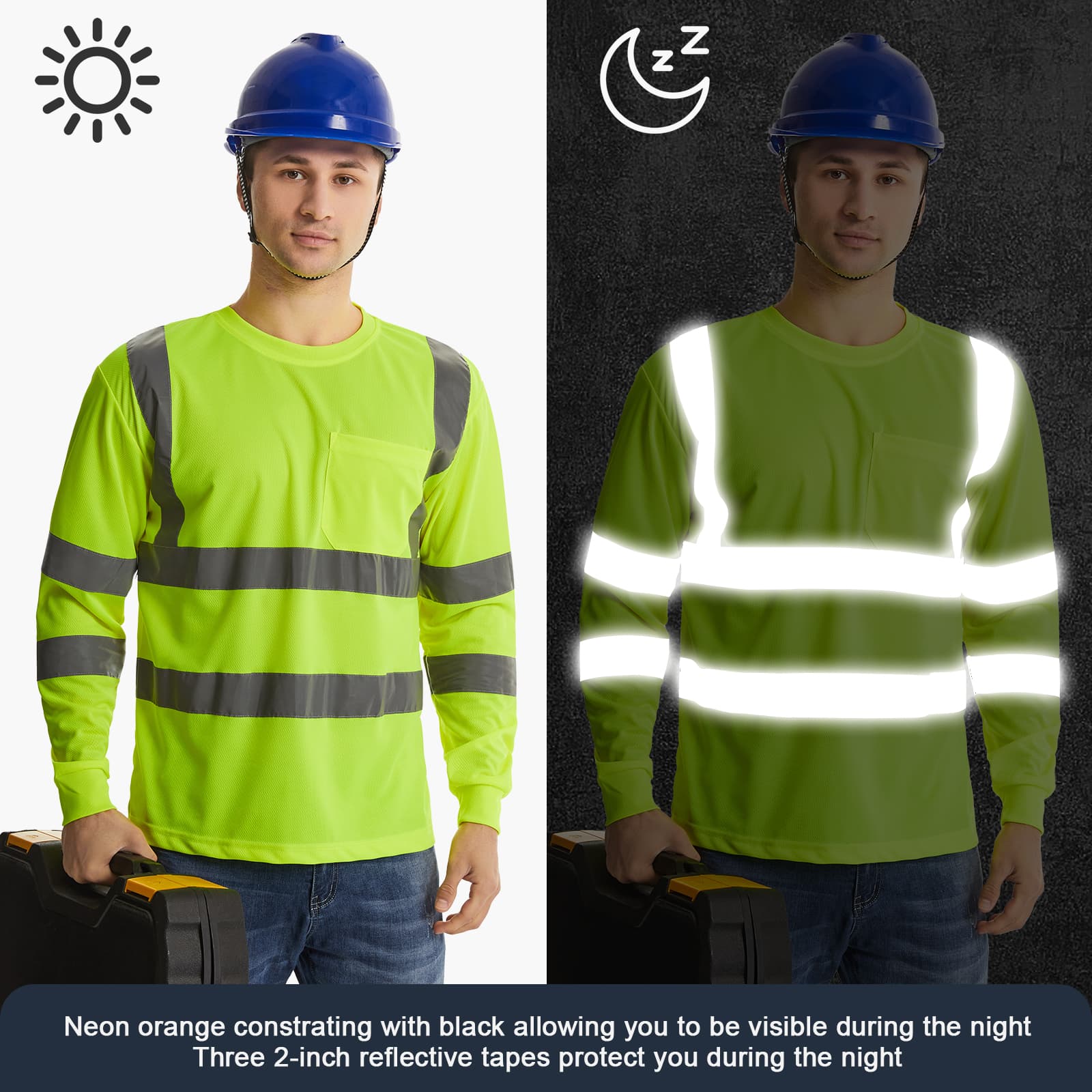 HivisPro L32011 ANSI Class 3 high visibility shirt demonstrating night safety and reflective visibility.