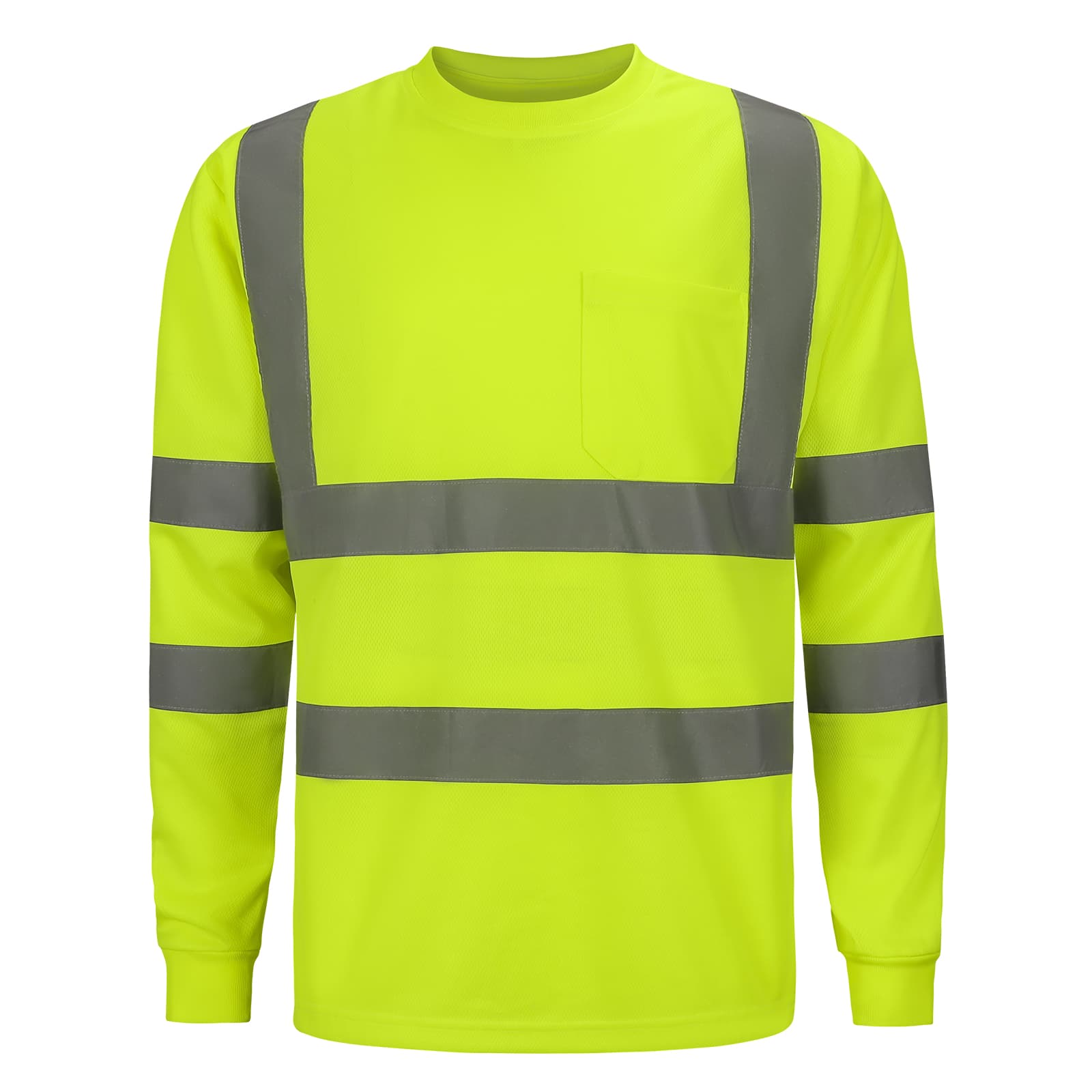 Front view of the HivisPro L32011 ANSI Class 3 high visibility long sleeve safety shirt in lime.
