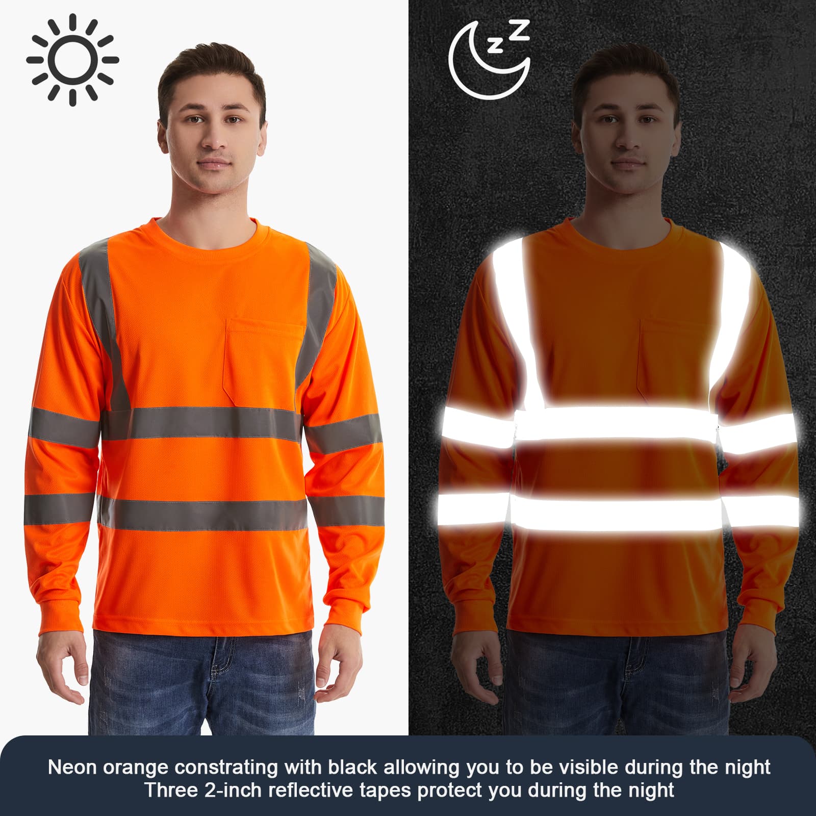 HivisPro L32012 ANSI Class 3 high visibility shirt demonstrating night safety and reflective visibility.