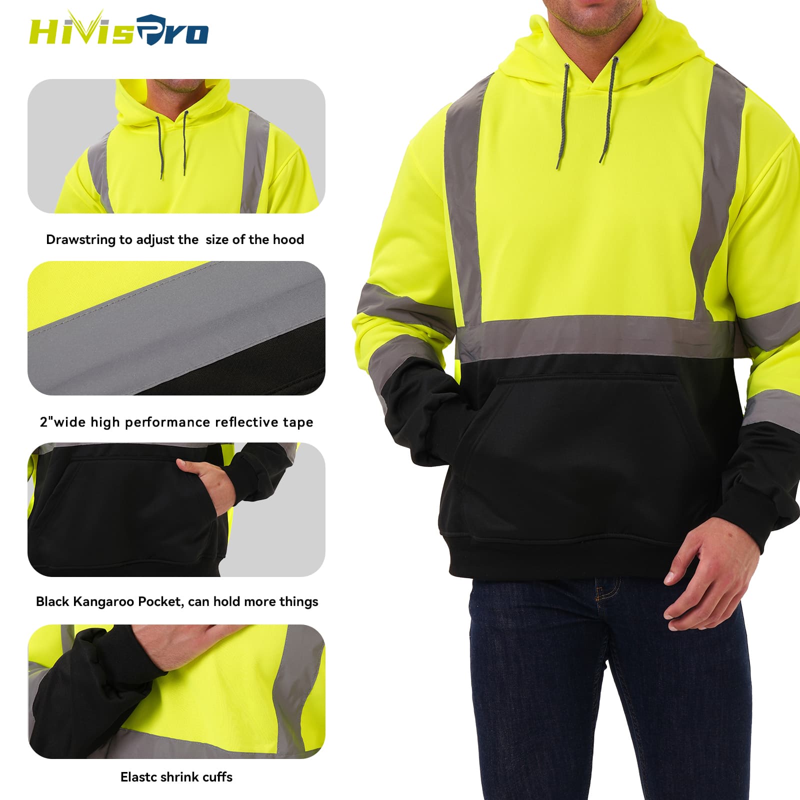 Person wearing a high-visibility hoodie with reflective tape and kangaroo pocket, featuring HivisPro branding.