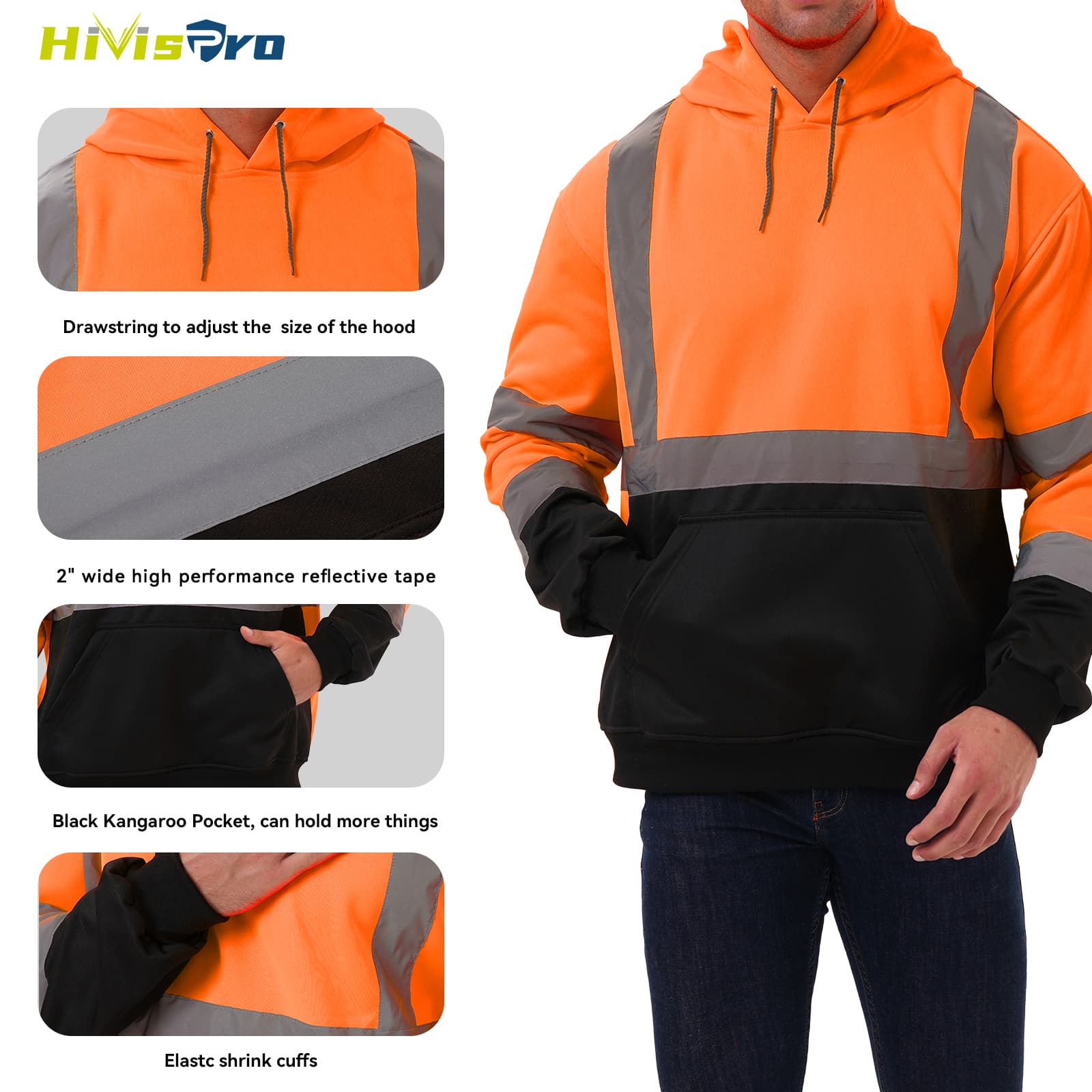 Hivispro St2032 Orange and black high-visibility hoodie with reflective tape and kangaroo pocket, featuring HivisPro branding.