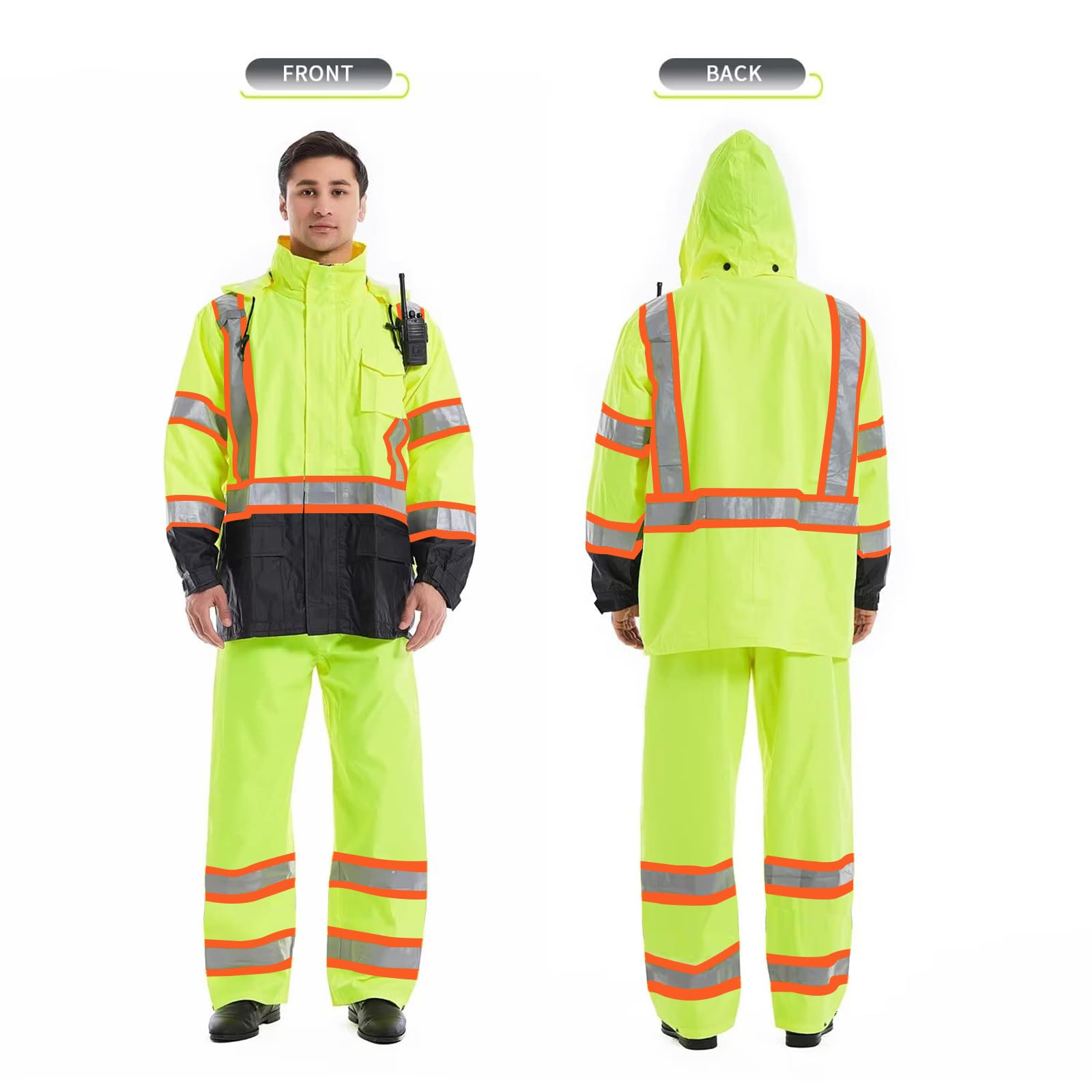 HivisPro ANSI Class 3 Hi-Vis Waterproof Reflective Rain Suit with 3 Pockets - R101 Series