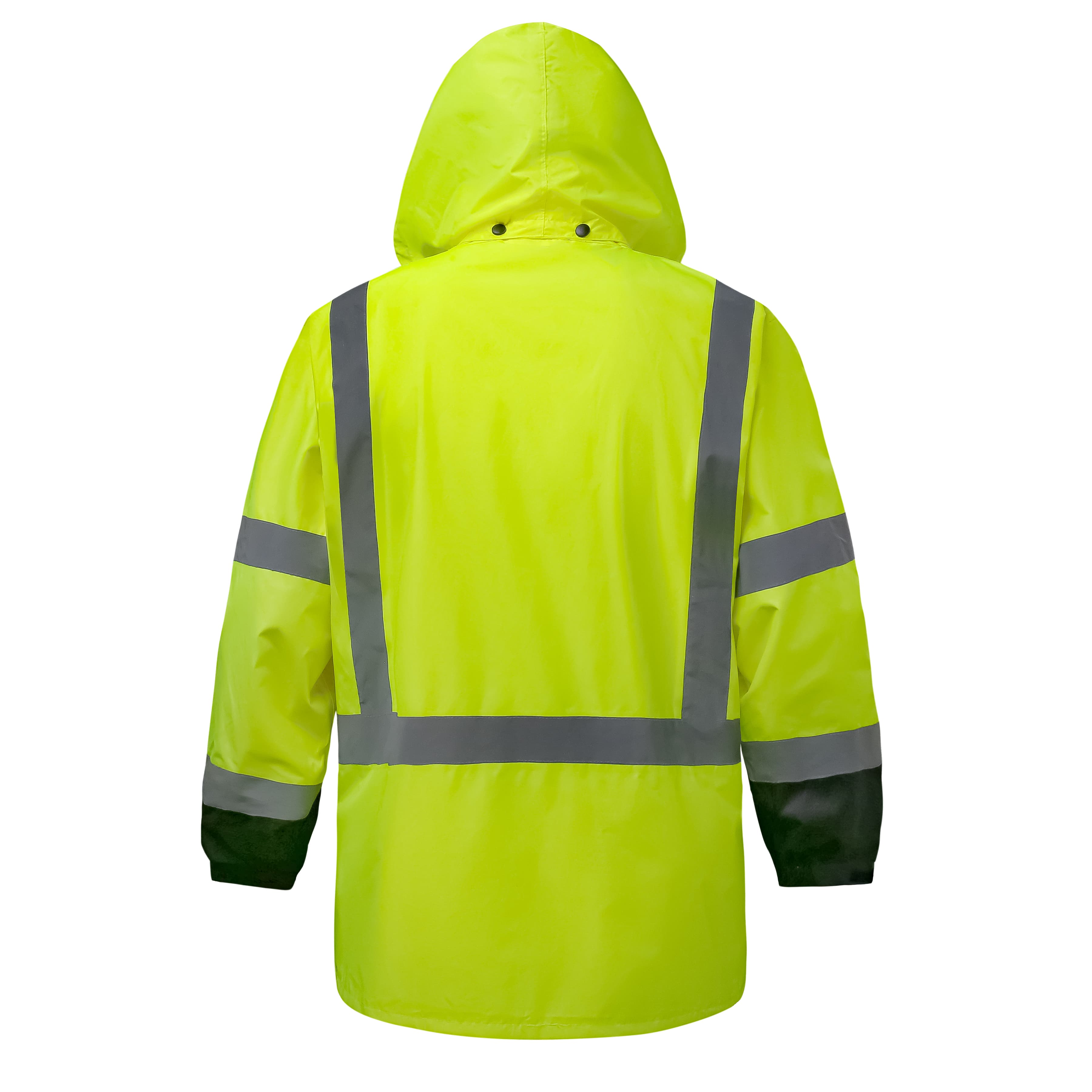 Back view of the HivisPro R2011-1 high visibility reflective raincoat in lime and black