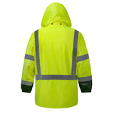 Back view of the HivisPro R2011-1 high visibility reflective raincoat in lime and black