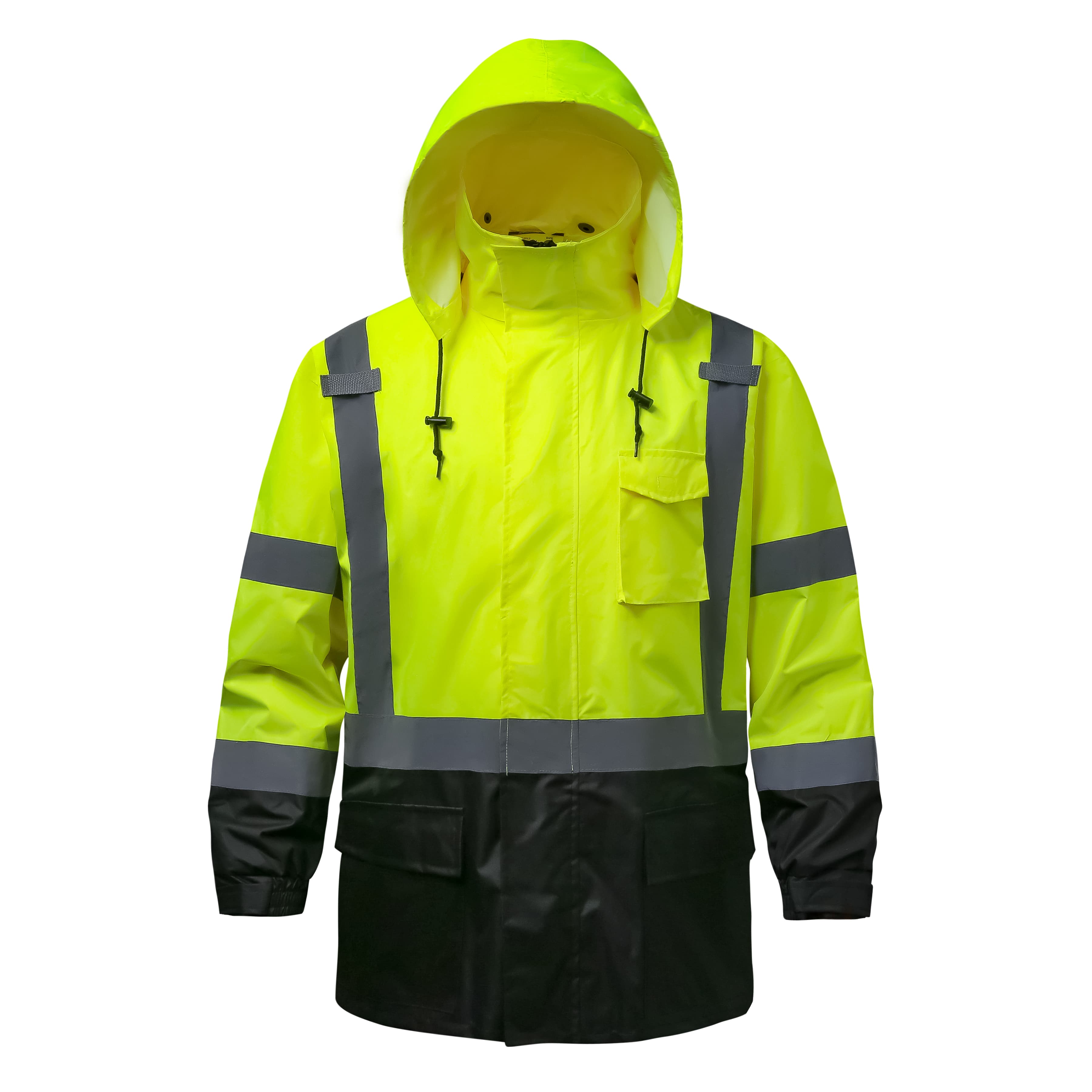Front view of the HivisPro R2011-1 high visibility reflective raincoat in lime and black