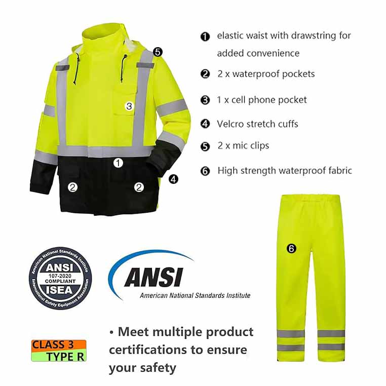 HivisPro R2011 ANSI compliant high visibility rain gear details, showing jacket and pants features