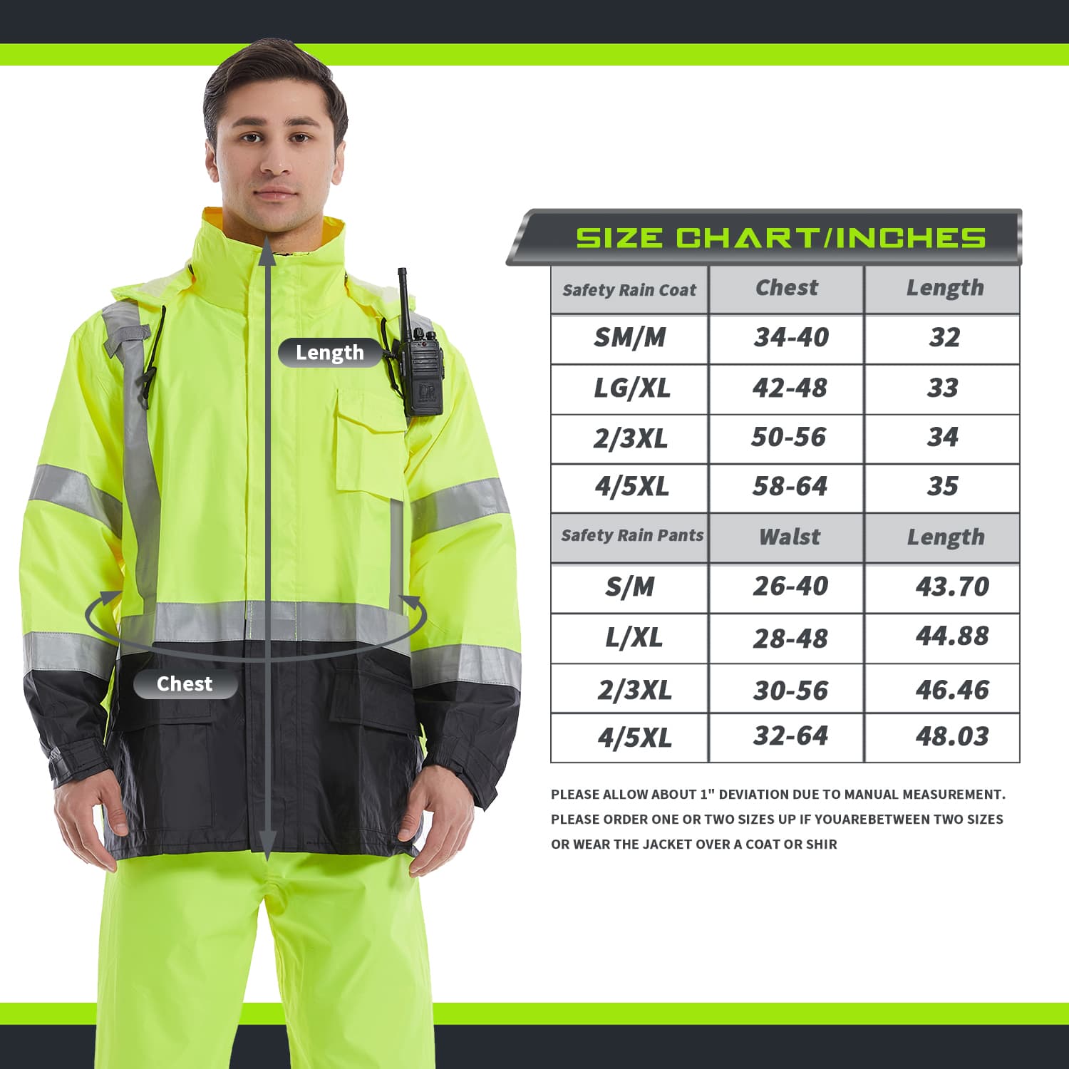 HivisPro R2011 high visibility rain suit size chart and model