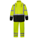 Front view of the HivisPro R2011 high visibility two-piece reflective lime
rain suit 