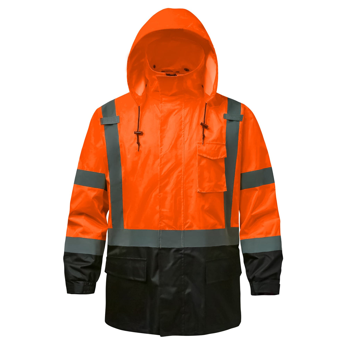 Front view of the HivisPro R2012-1 high visibility reflective raincoat in orange and black