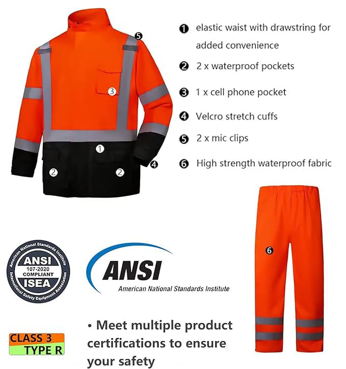 HivisPro R2012 ANSI compliant high visibility rain gear details, showing jacket and pants features.