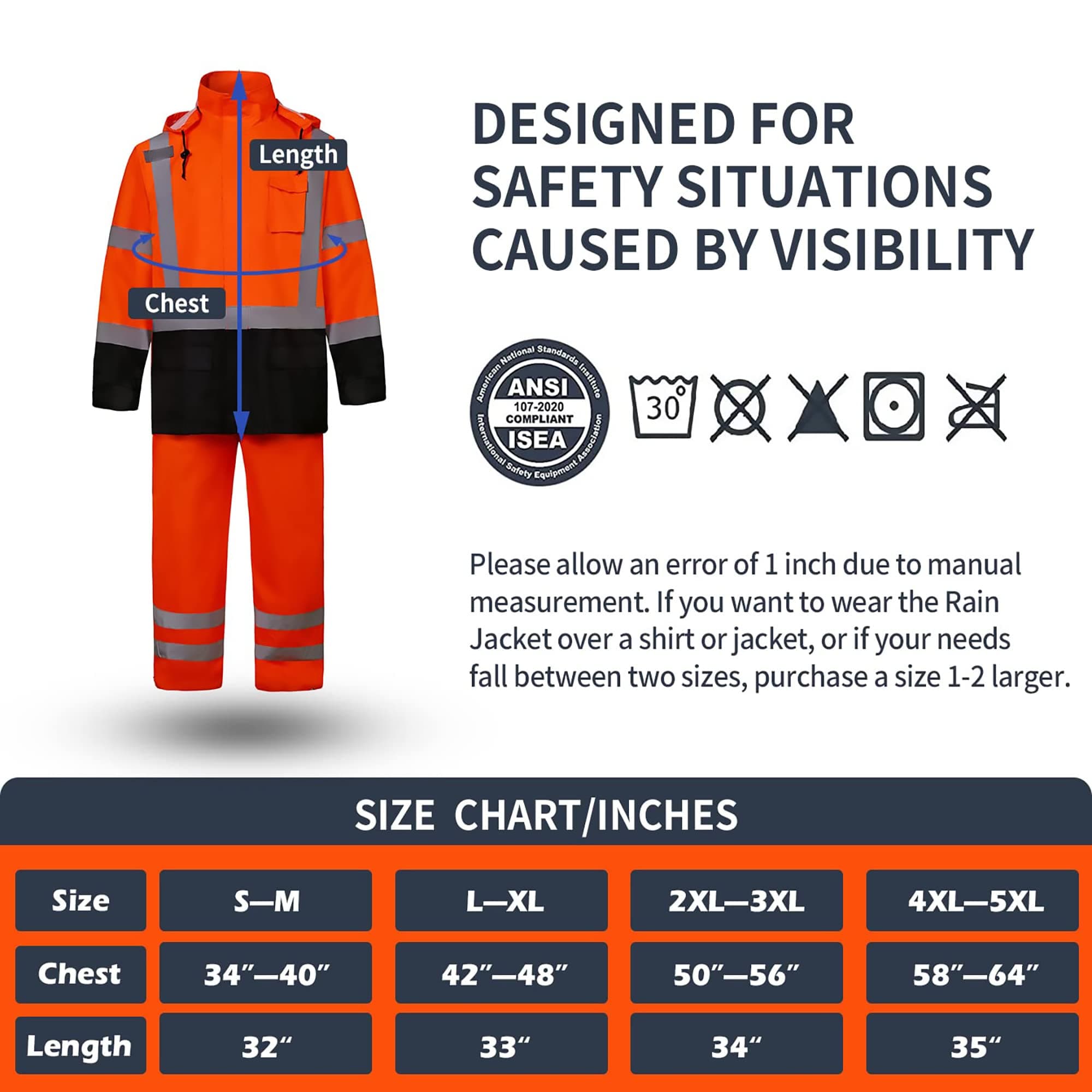HivisPro R2012 high visibility rain suit size chart