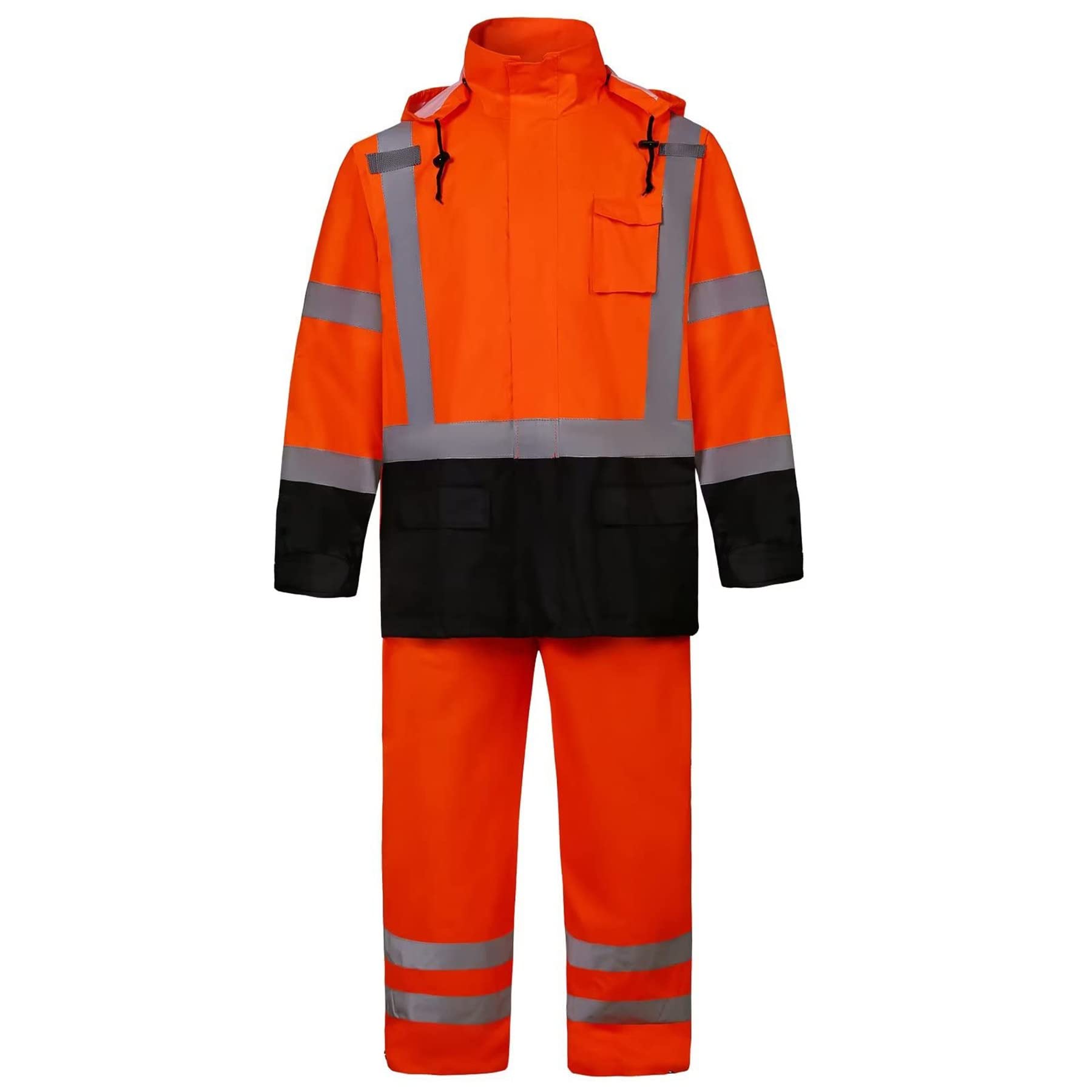 Front view of the HivisPro R2012 high visibility two-piece reflective orange rain suit