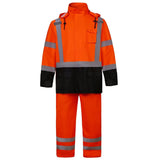 Front view of the HivisPro R2012 high visibility two-piece reflective orange rain suit