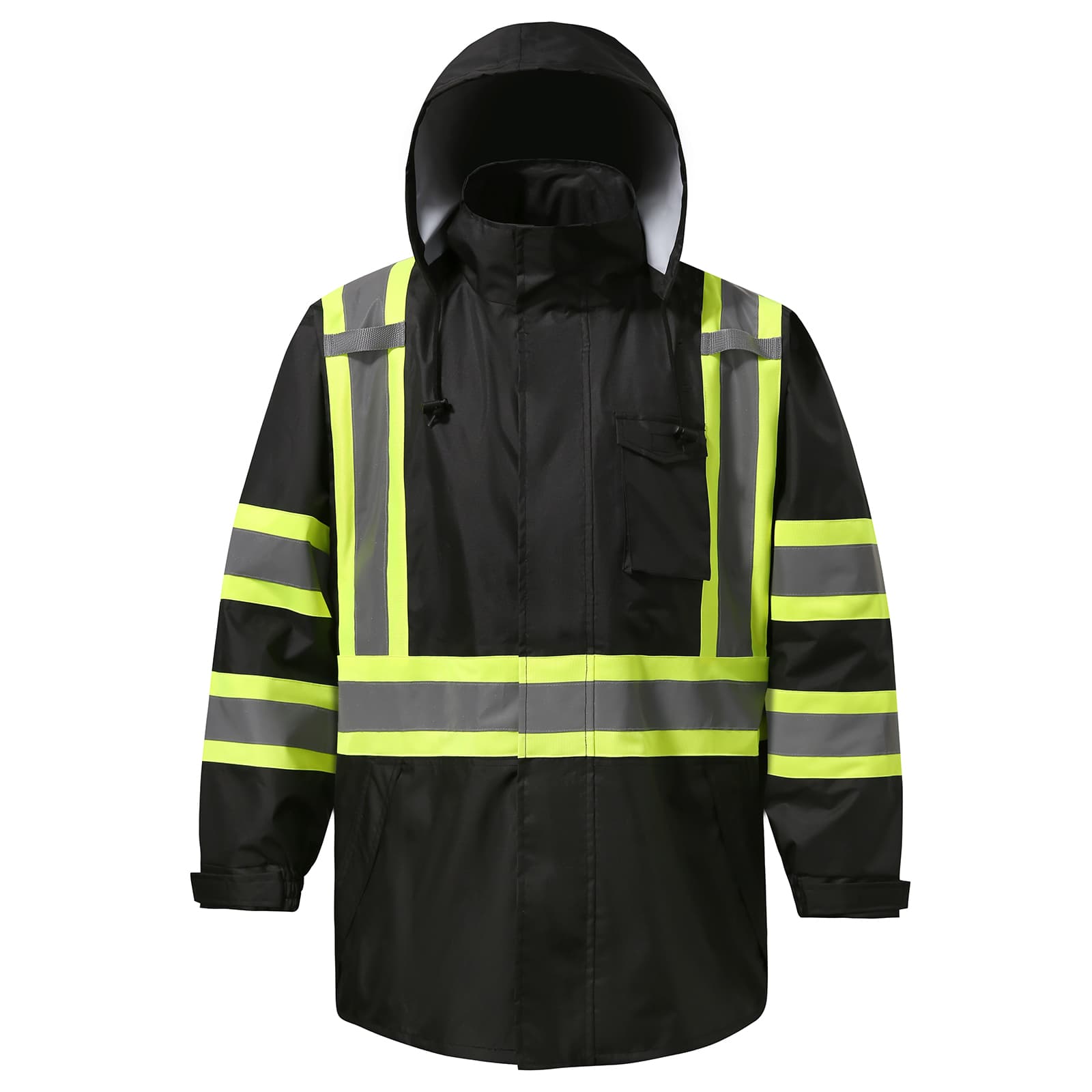 Front view of the HivisPro R2013-1 high visibility reflective raincoat in black