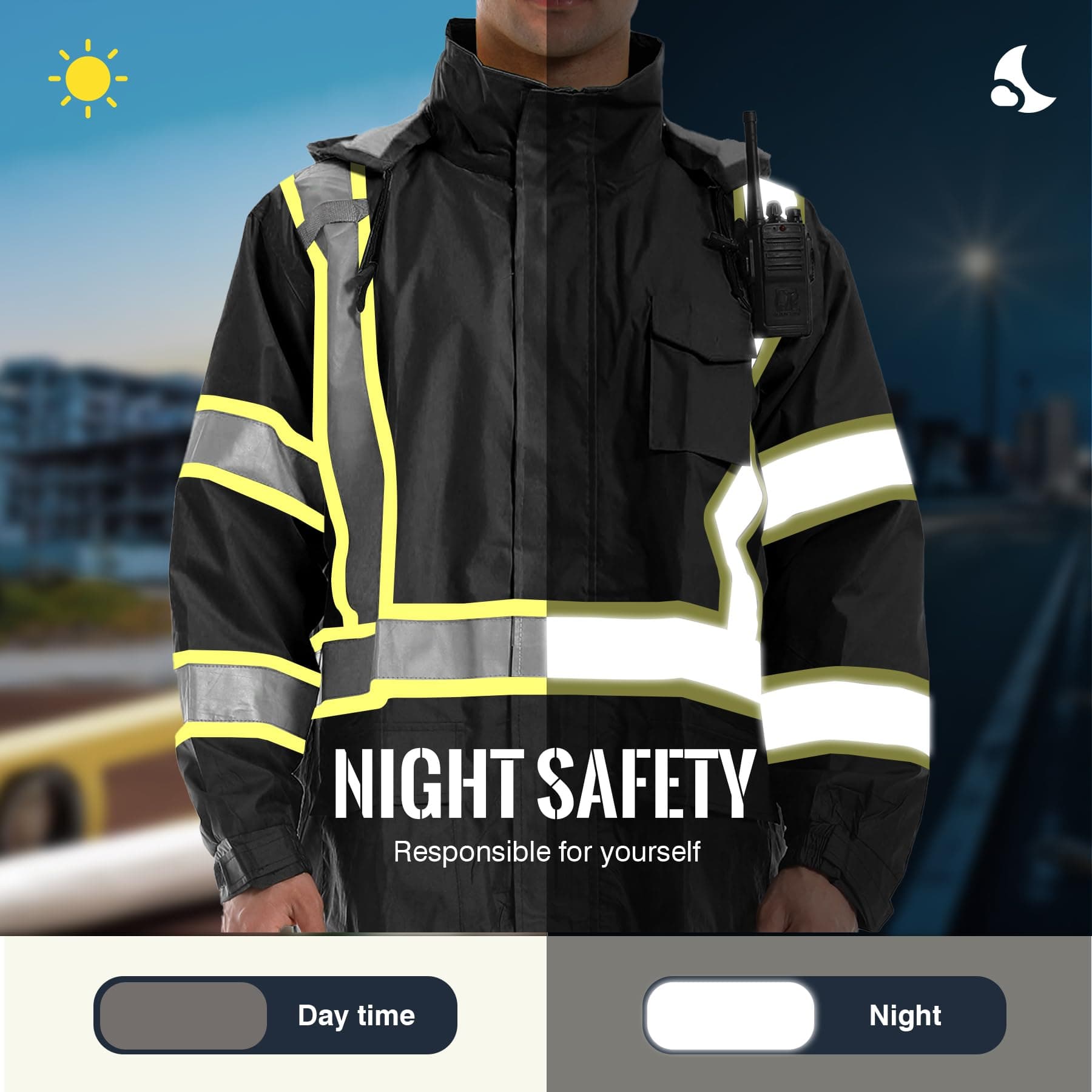 HivisPro R2013-1 high visibility raincoat demonstrating night safety and reflective visibility.