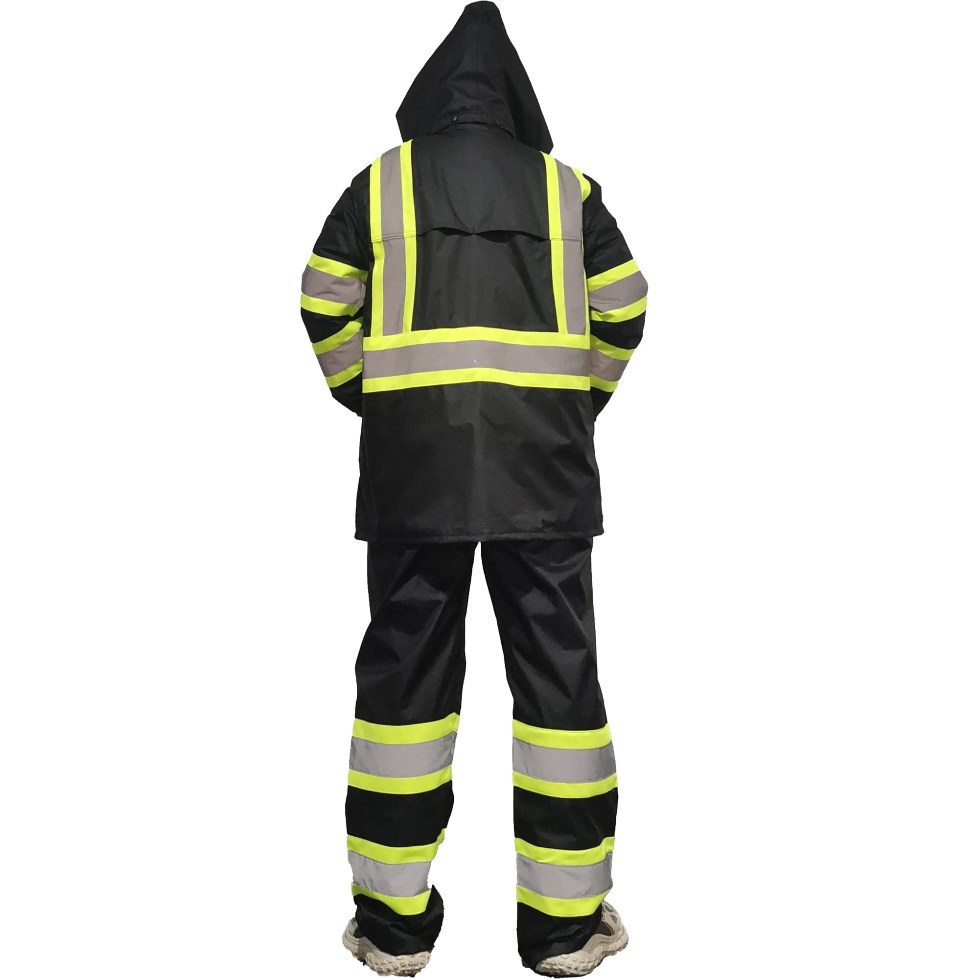 Backview of the HivisPro R2013 high visibility two-piece reflective black rain suit.