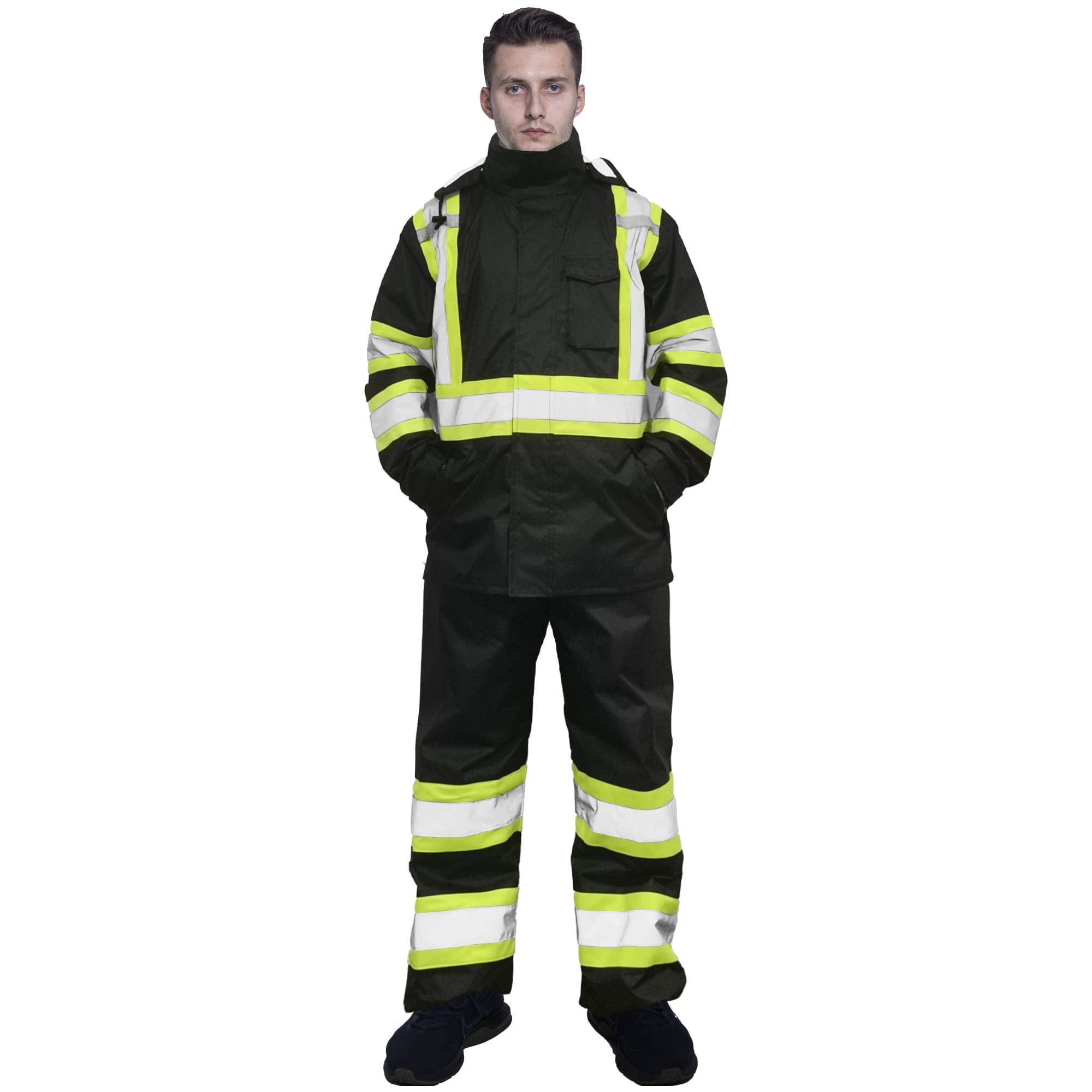 Front view of the HivisPro R2013 high visibility two-piece reflective rain suit.