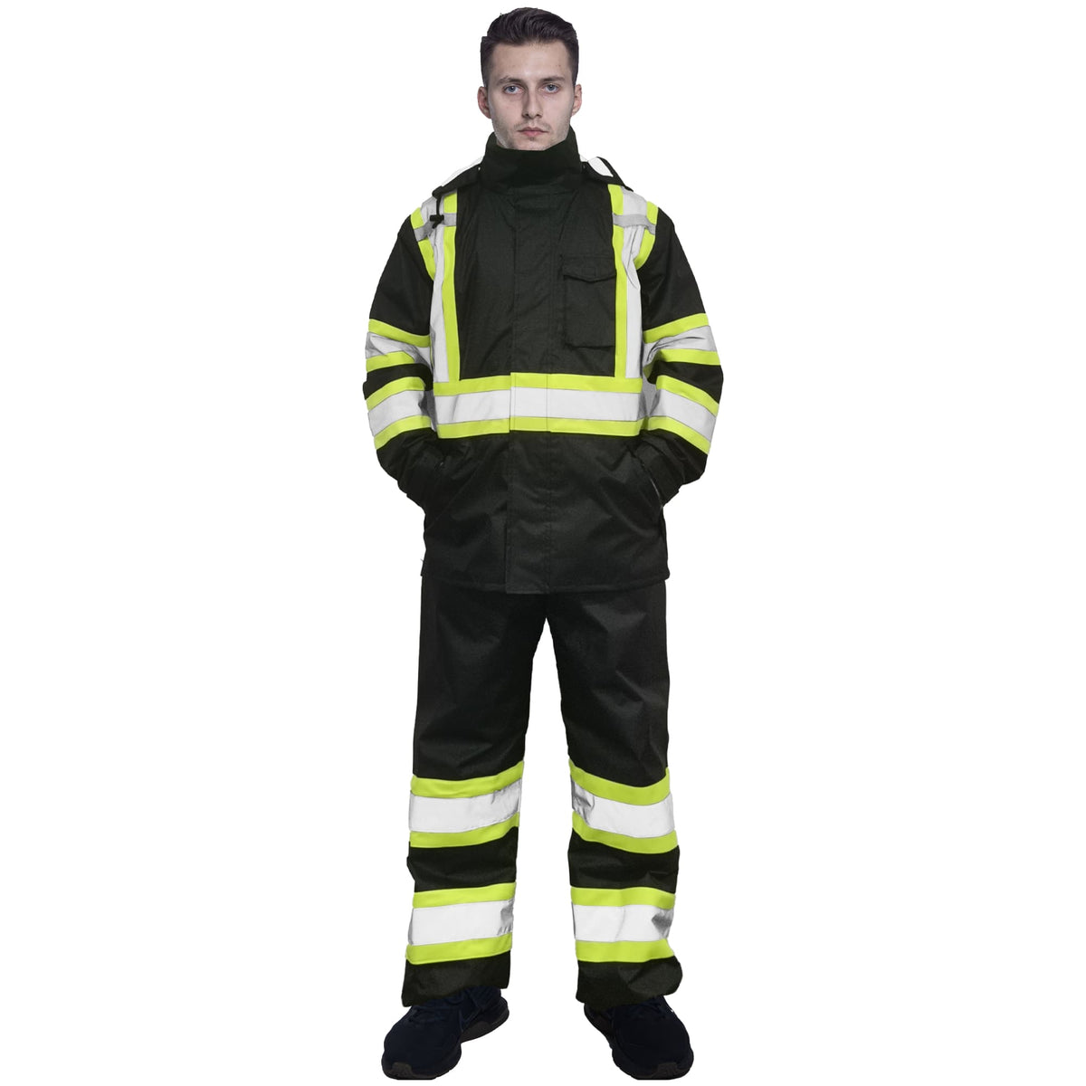 Front view of the HivisPro R2013 high visibility two-piece reflective rain suit.