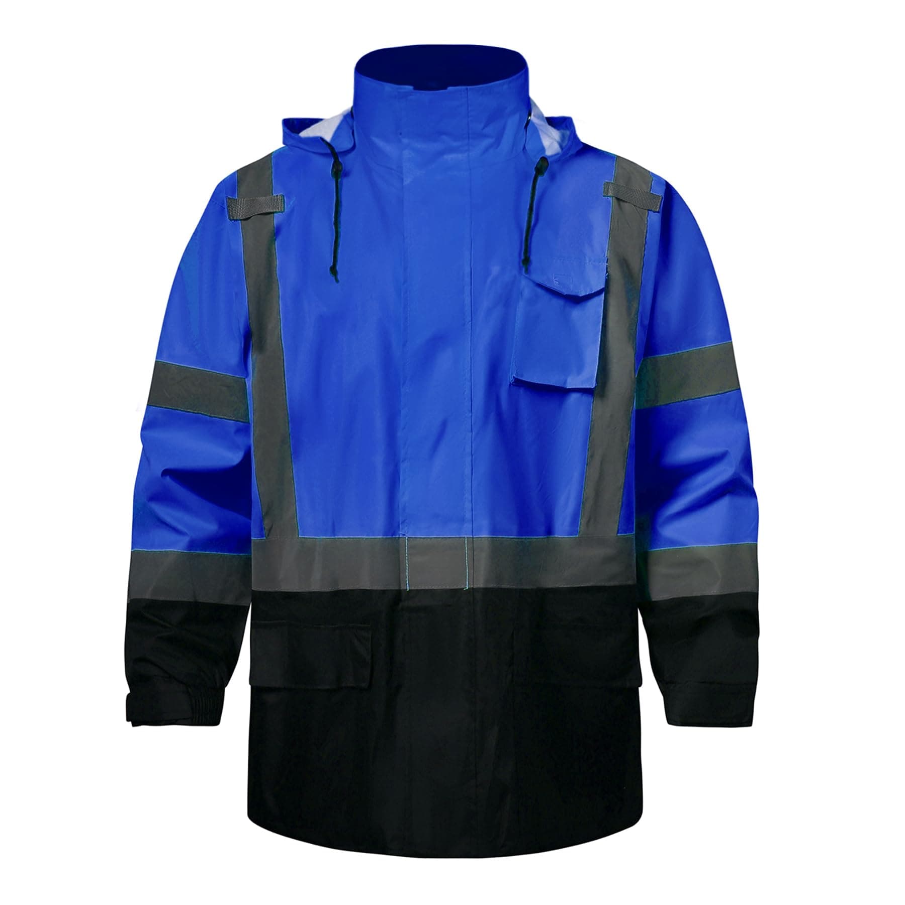 Front view of the HivisPro R2014-1 high visibility reflective jacket in blue and black.