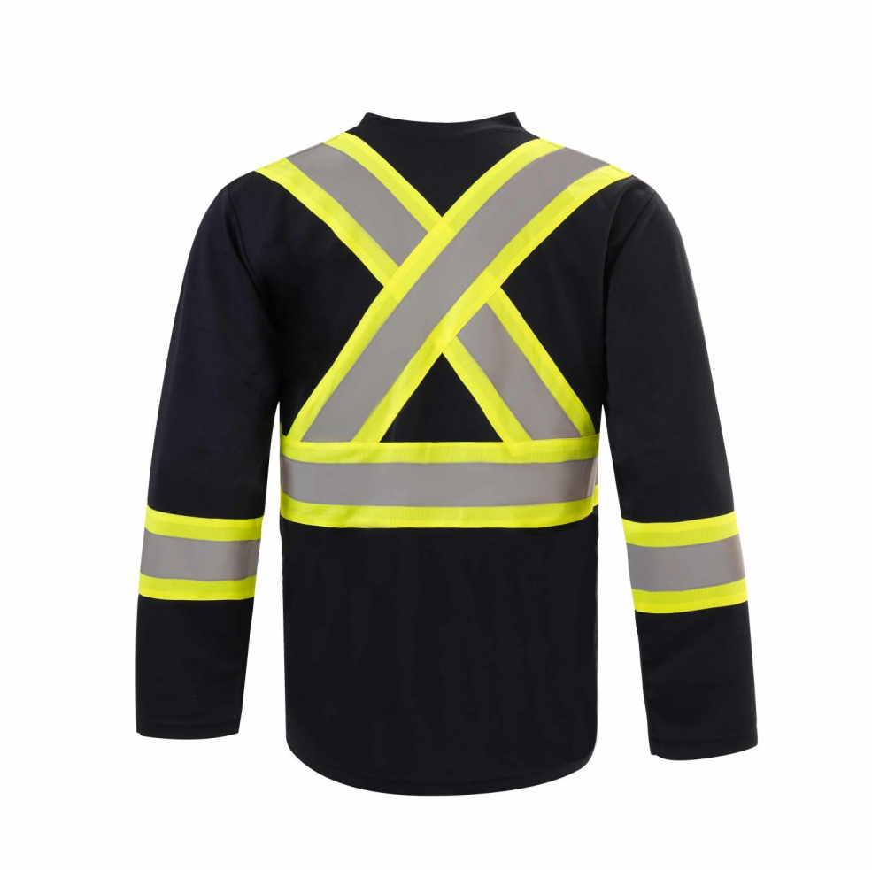 Black long-sleeve shirt with reflective yellow and gray cross-back design on a white background