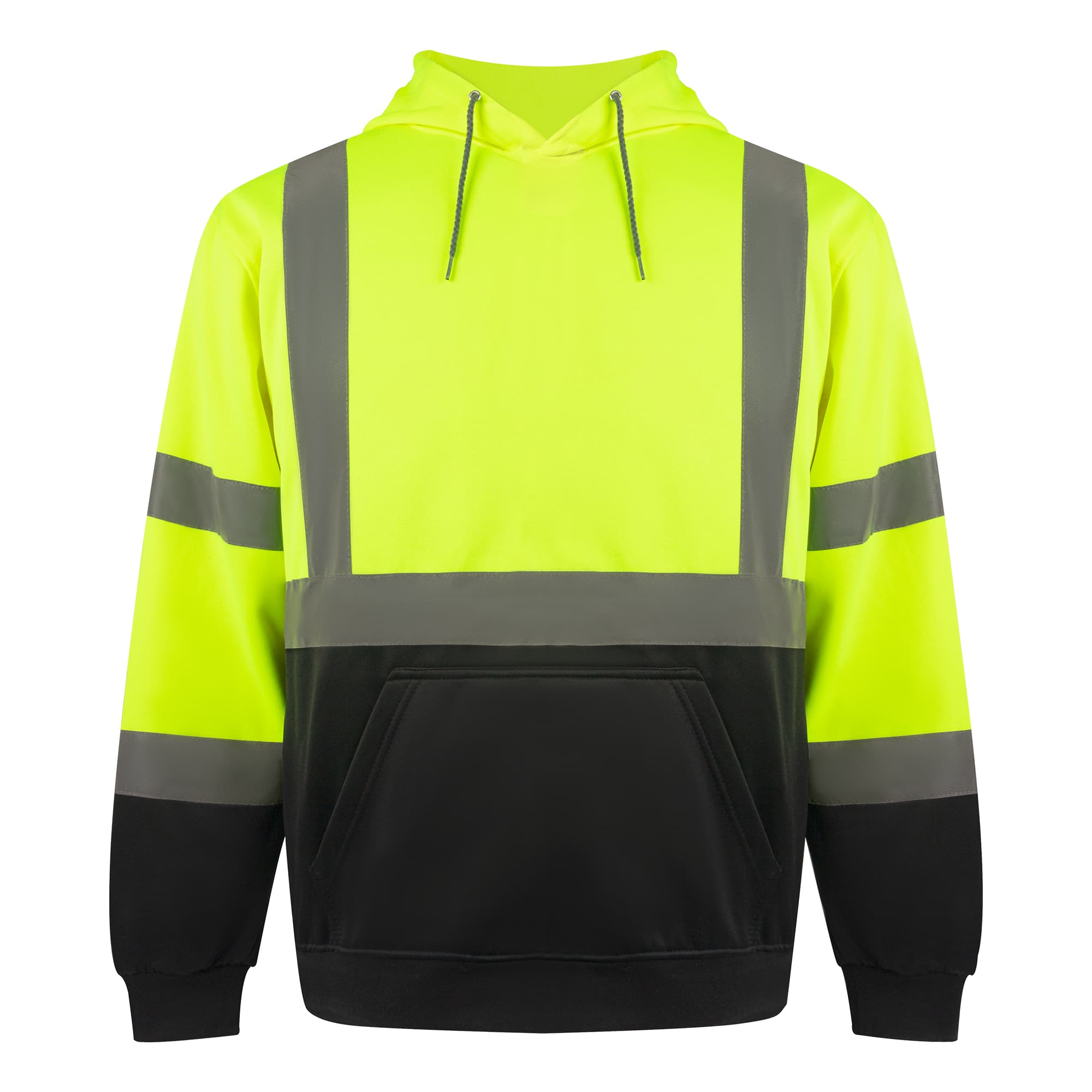 Front view of the HivisPro ST2031 ANSI Class 3 high visibility safety hoodie in lime and black.