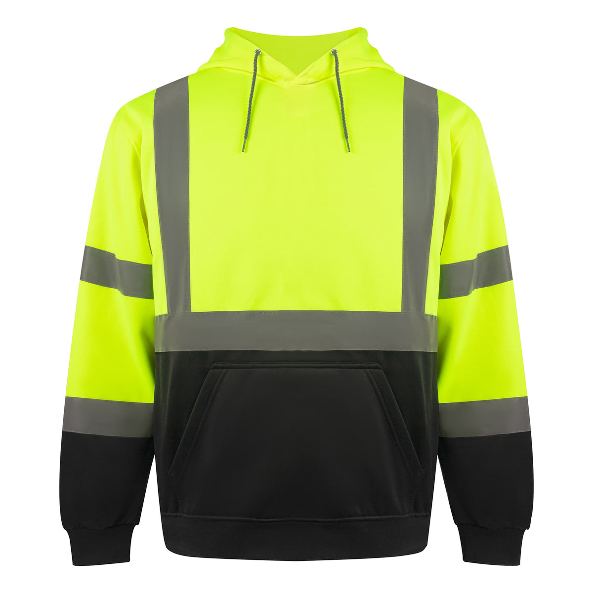 Front view of the HivisPro ST2031 ANSI Class 3 high visibility safety hoodie in lime and black.