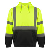 Front view of the HivisPro ST2031 ANSI Class 3 high visibility safety hoodie in lime and black.