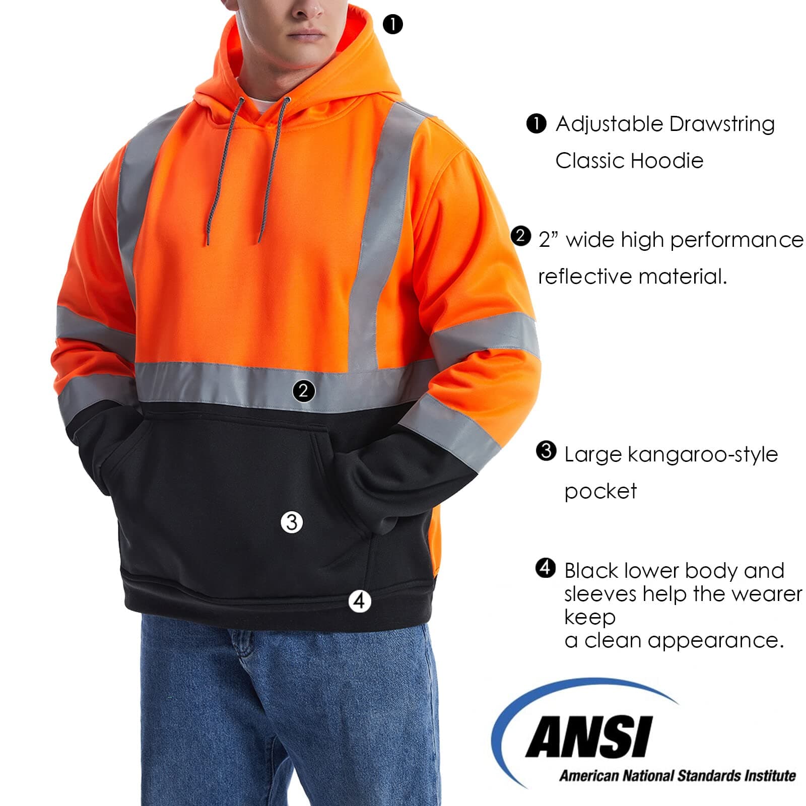 Features and details of the HivisPro ST2032 ANSI Class 3 high visibility safety hoodie.