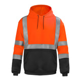 Front view of the HivisPro ST2032 ANSI Class 3 high visibility safety hoodie in orange and black
