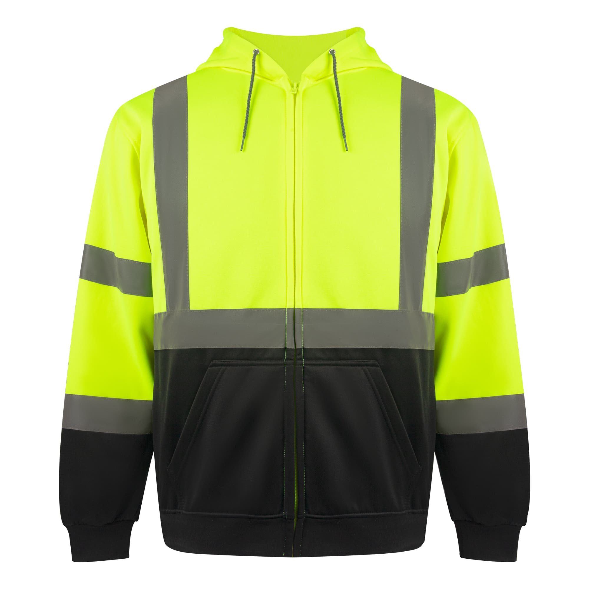 Front view of the HivisPro ST2041 ANSI Class 3 high visibility lime and black hoodie.