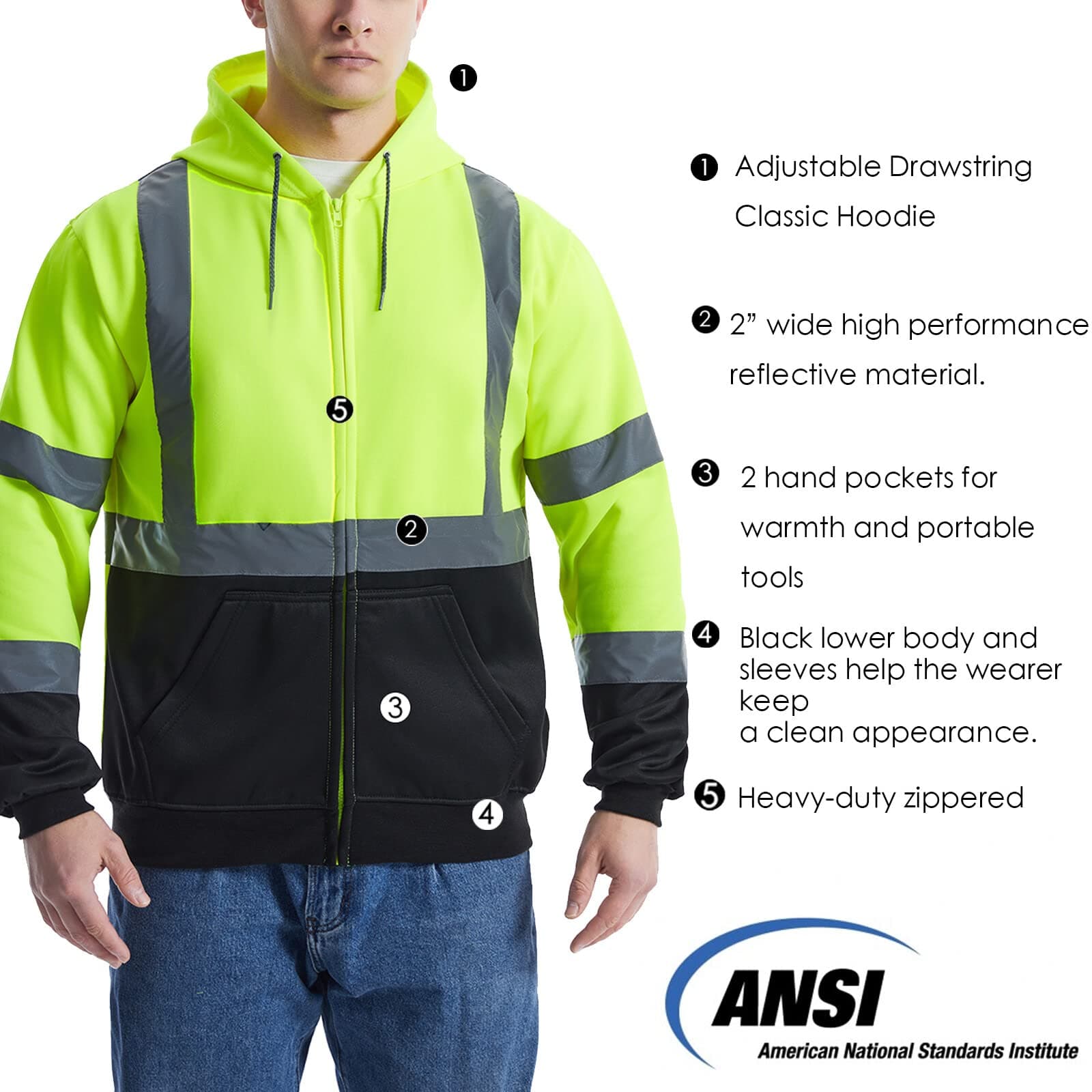 Features and details of the HivisPro ST2041 ANSI Class 3 high visibility safety hoodie.
