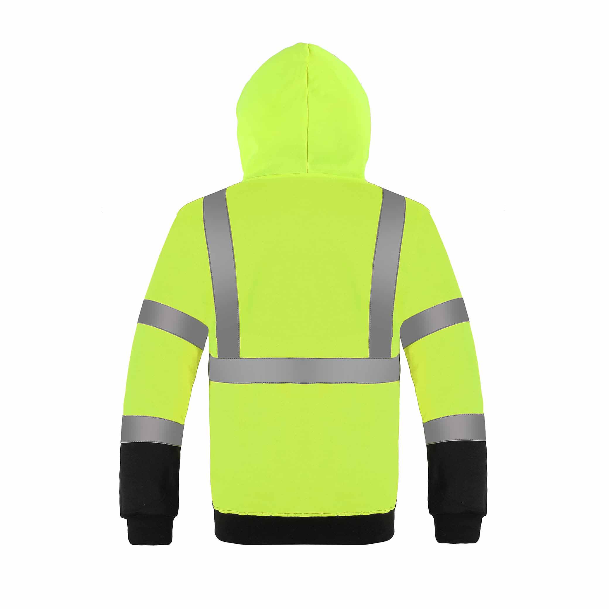 Back view of the HivisPro ST2041 ANSI Class 3 high visibility safety hoodie in lime and black.