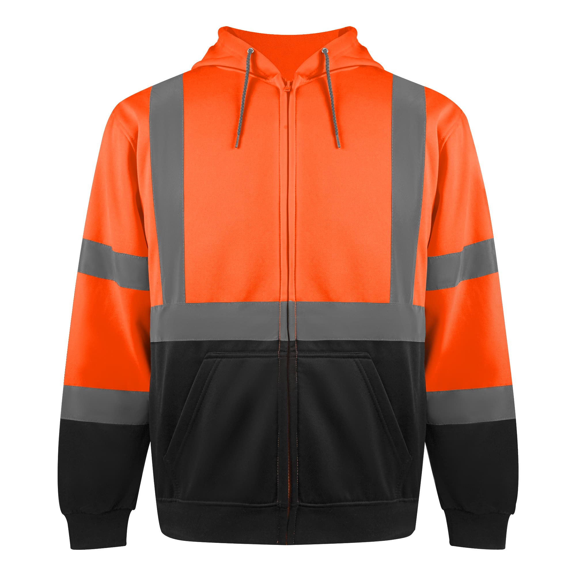 Front view of the HivisPro ST2042 ANSI Class 3 high visibility orange and black hoodie.