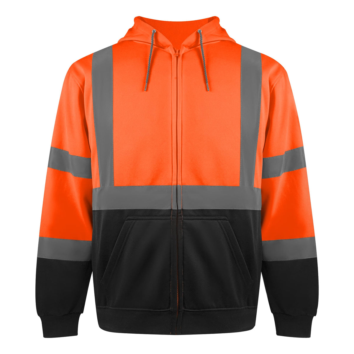Front view of the HivisPro ST2042 ANSI Class 3 high visibility orange and black hoodie.