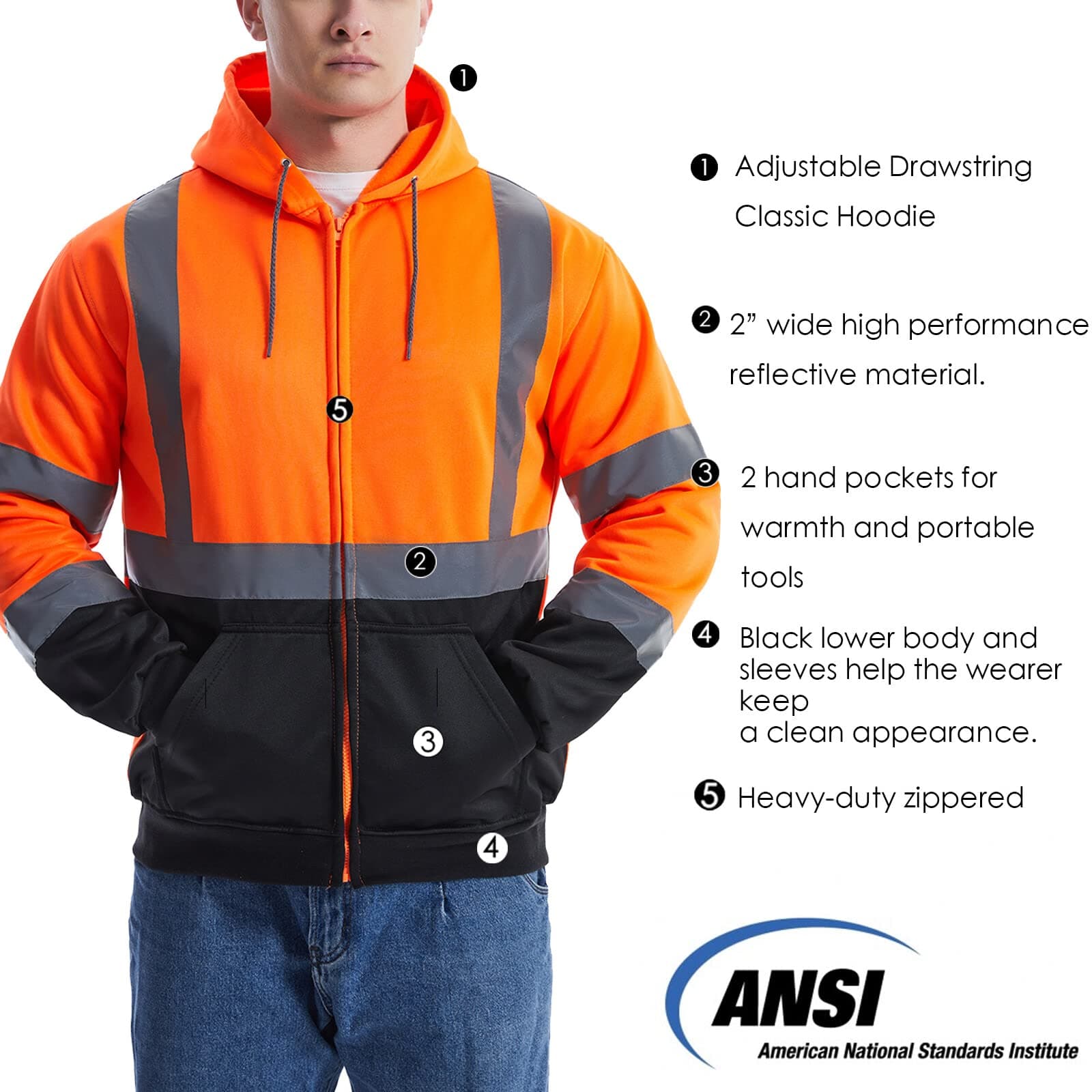 Features and details of the HivisPro ST2042 ANSI Class 3 high visibility safety hoodie.