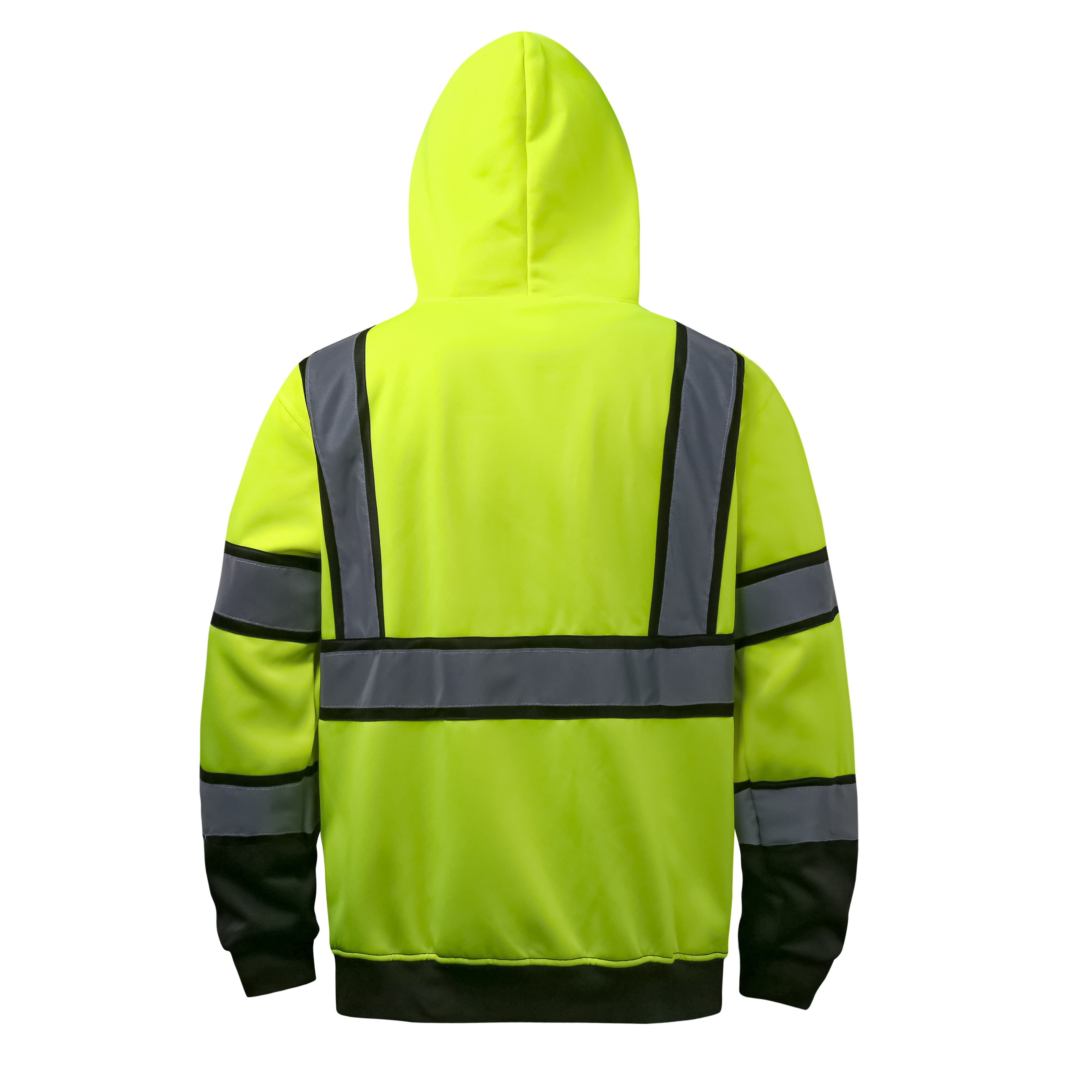 Back view of the HivisPro ST82051 ANSI Class 3 high visibility lime and black hoodie.