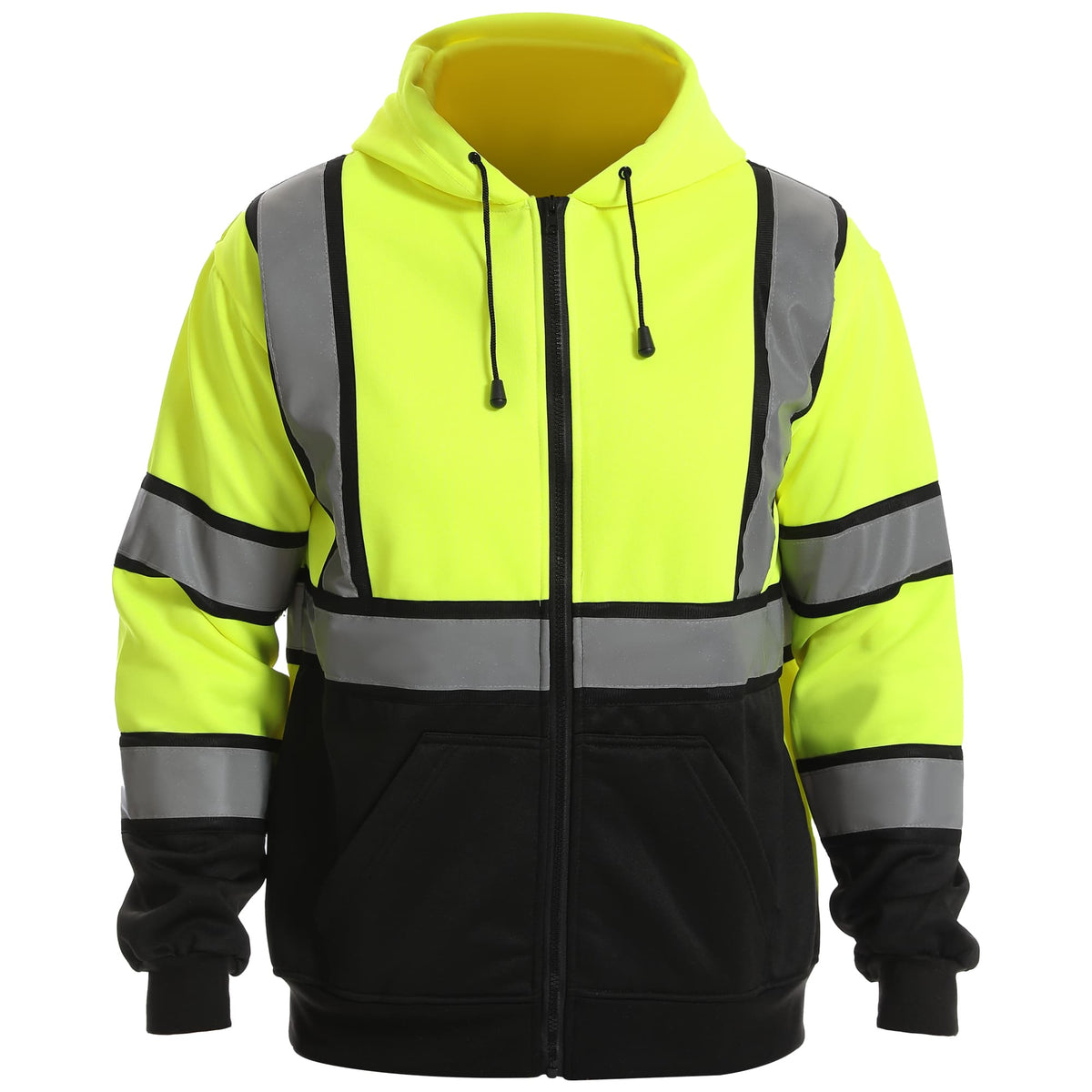Front view of the HivisPro ST82051 ANSI Class 3 high visibility lime and black hoodie.
